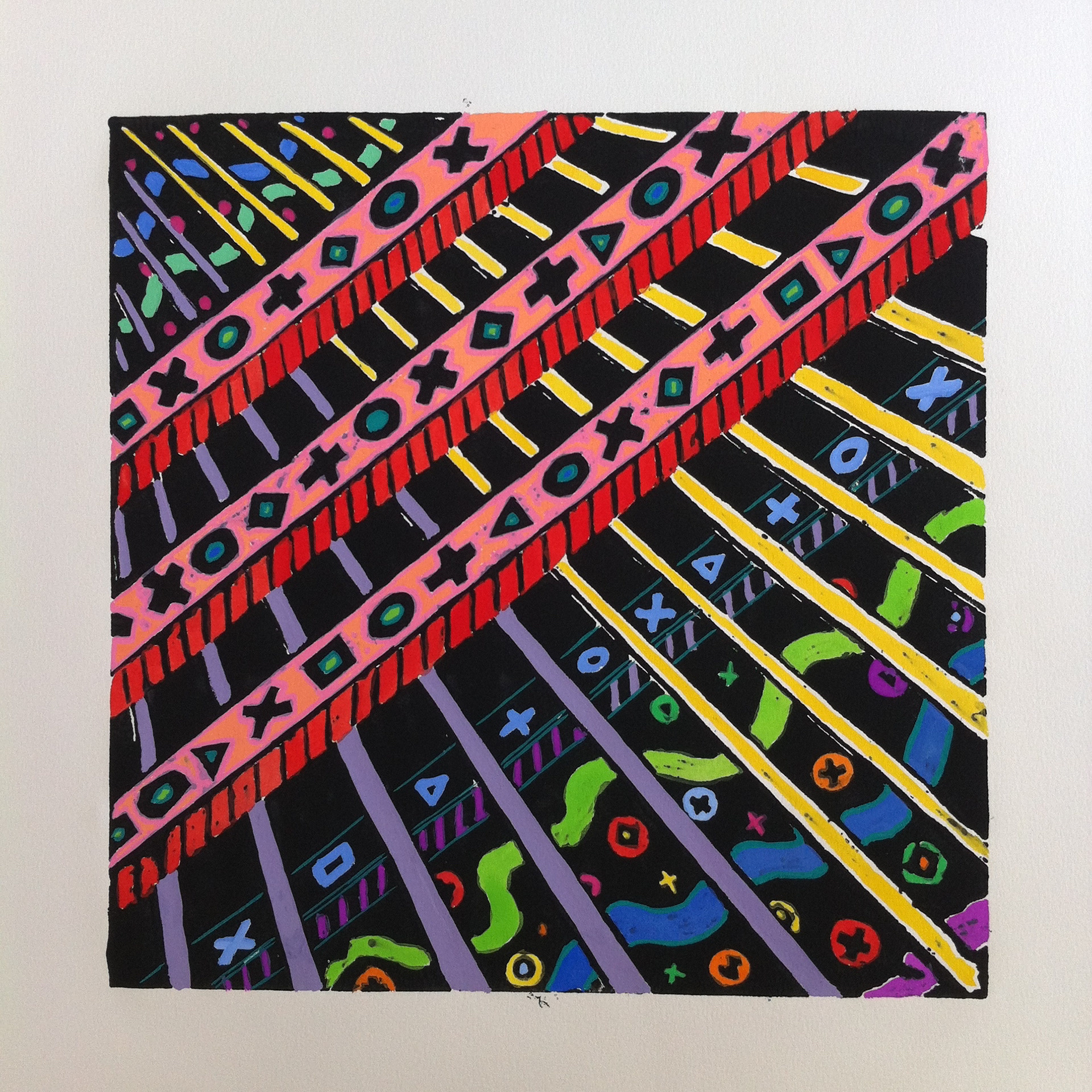 Outer Space Bars, Hand Painted Linoleum Print, 1987
