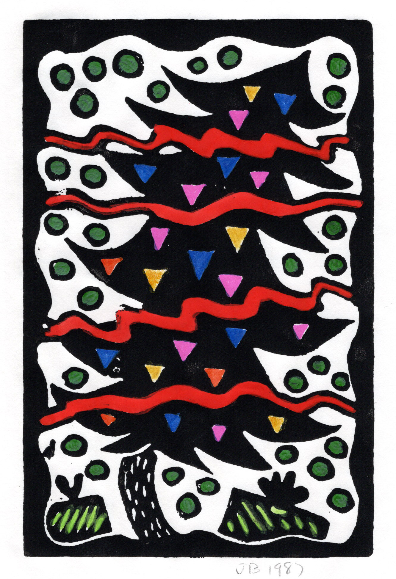 Pink Triangle Christmas Tree, Hand Painted Linoleum Print, 1987