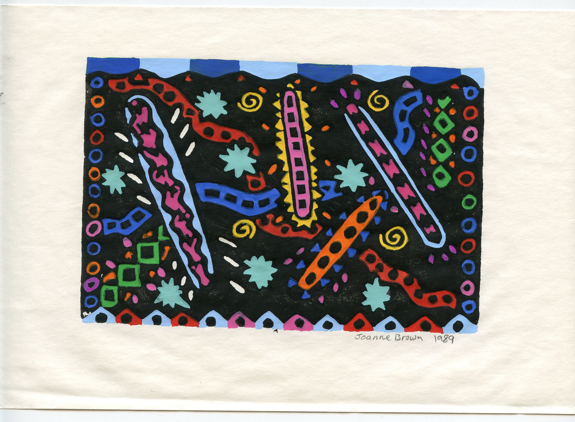 Night Carnival, Hand-Painted Linoleum Print, 1989