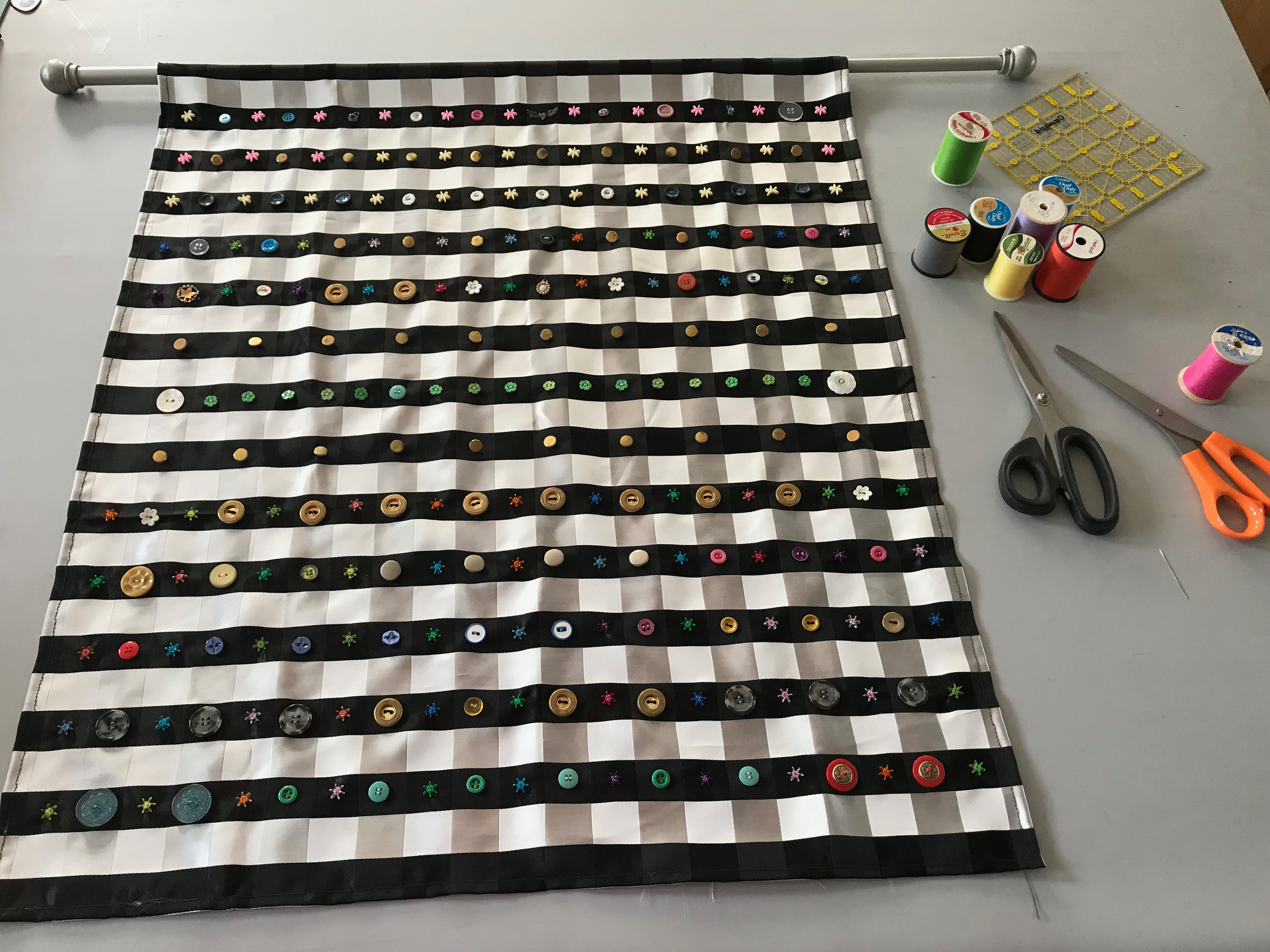 Powder Room Curtain, Hand Sewn, Fabric, Beads and Buttons, 2018