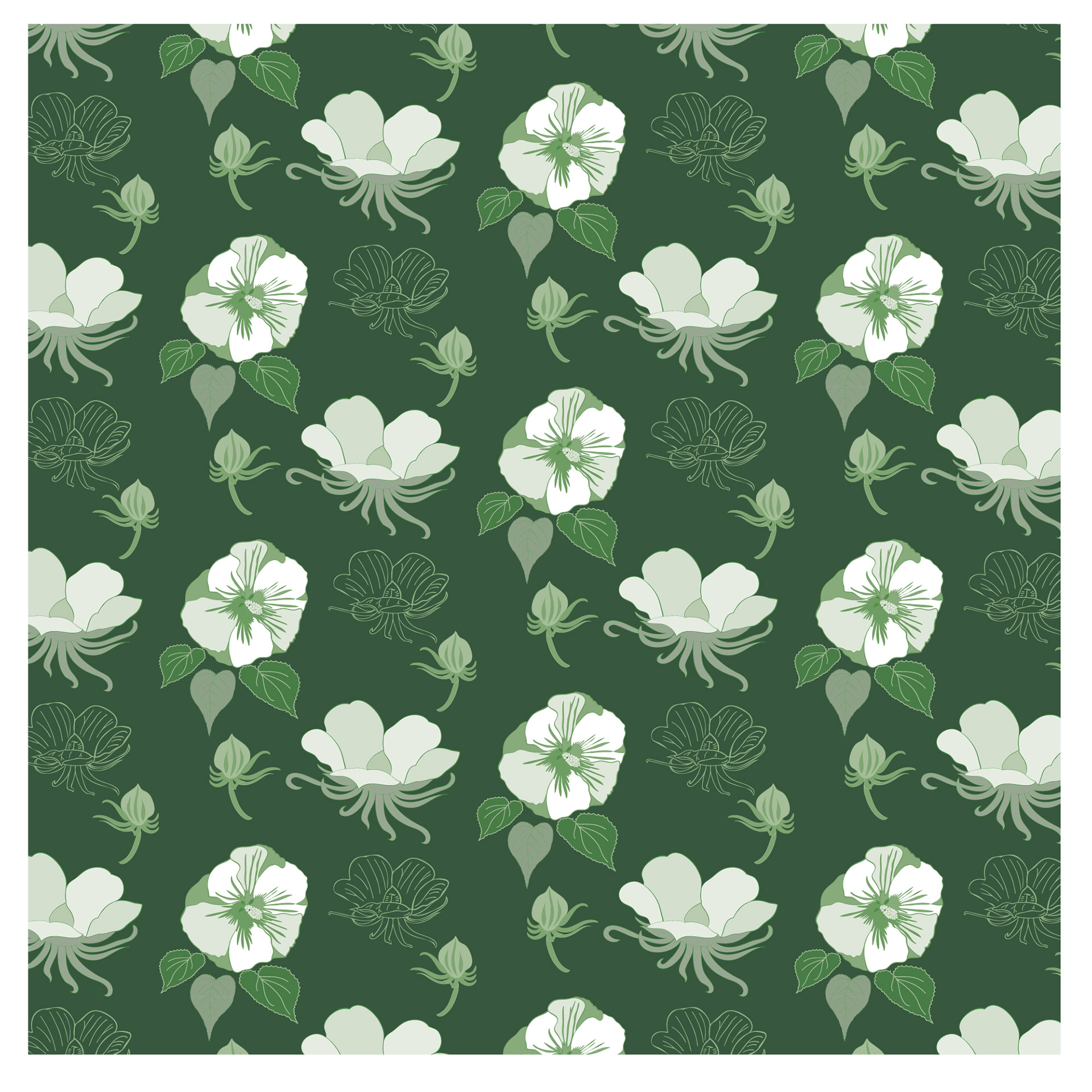 Hibiscus Pattern, Color Variation: Green, Digital Art, 2020