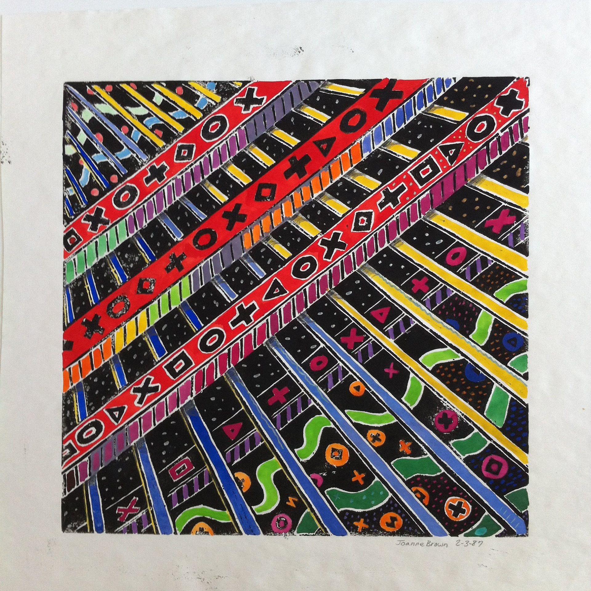 Outer Space Bars, Hand-Painted Linoleum Print, 1987