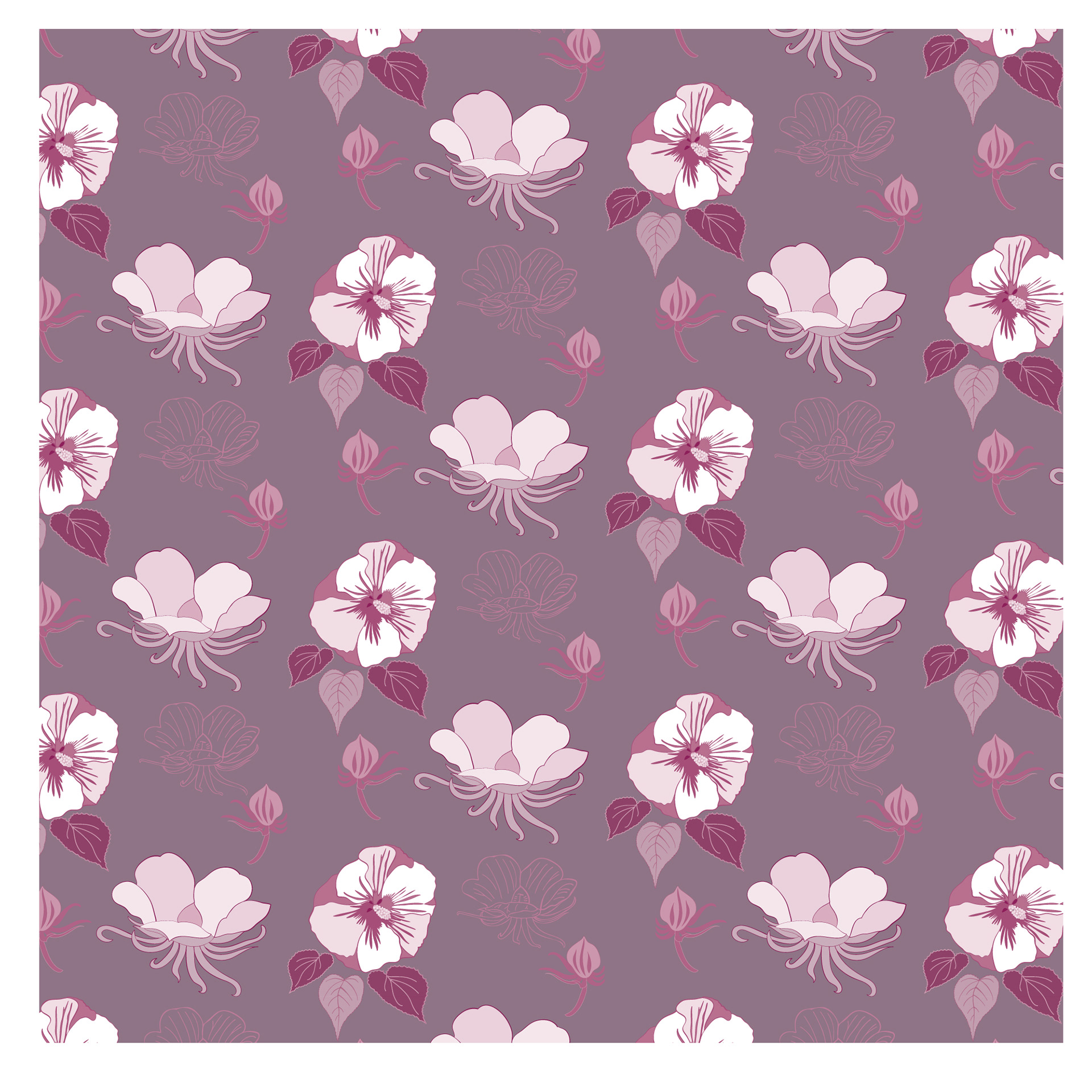 Hibiscus Pattern, Color Variation:  Pink, Digital Art, 2020