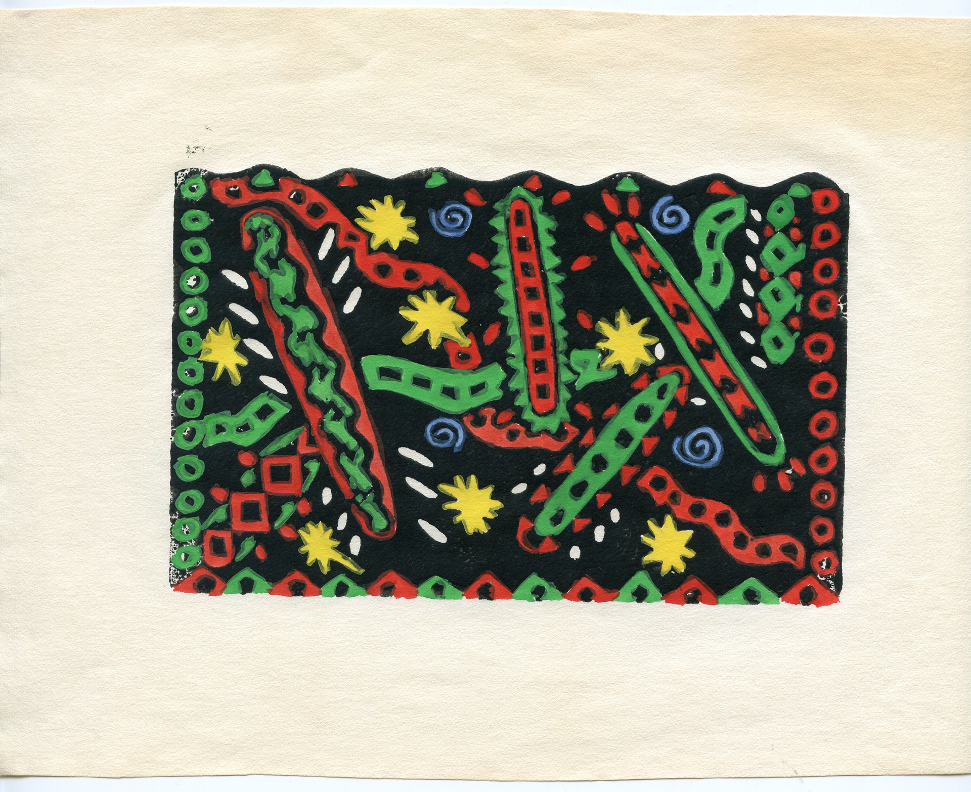 Christmas Carnival, Hand-painted Linoleum Print, 1988