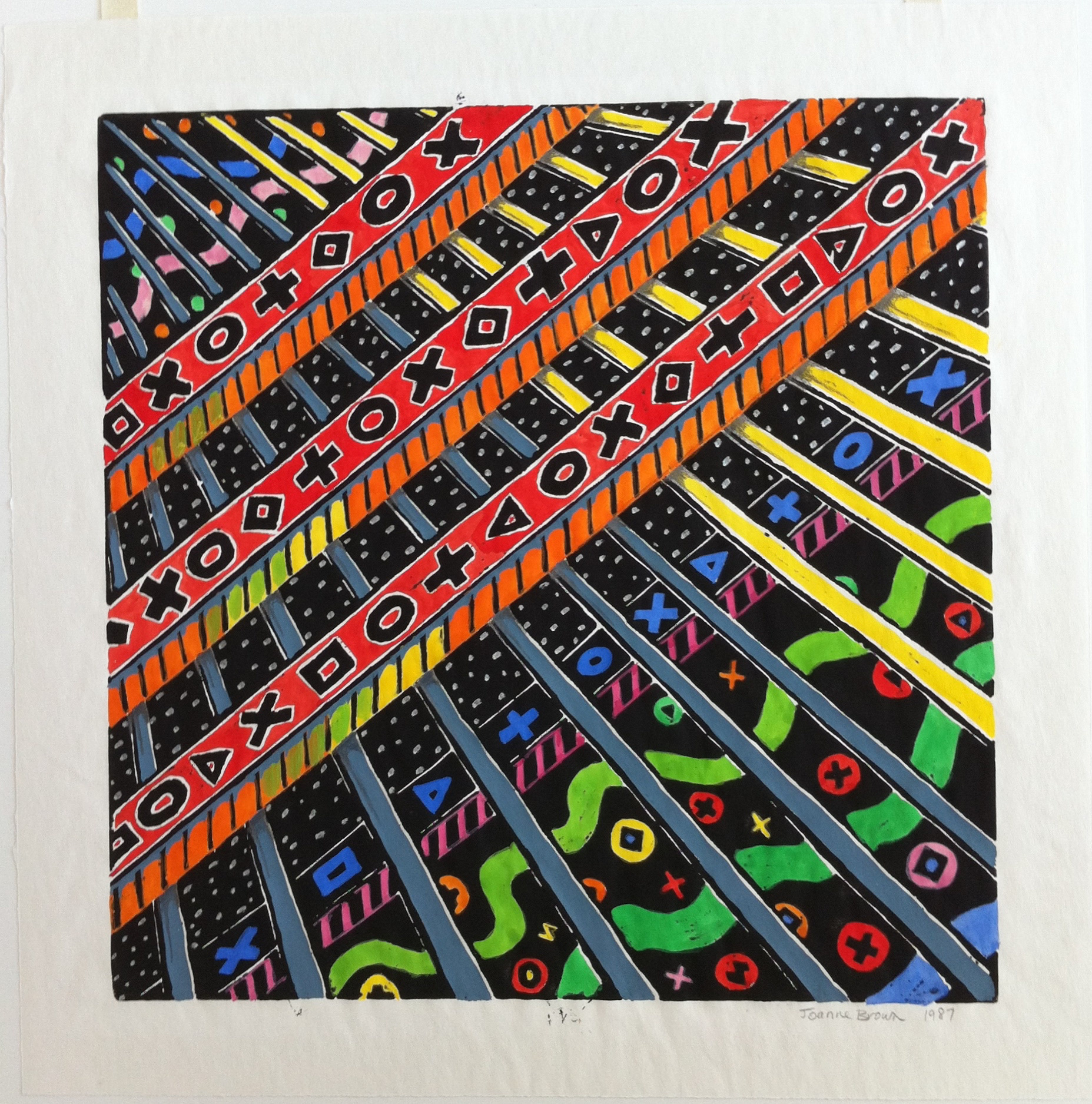 Outer Space Bars, Hand Painted Linoleum Print, 1987