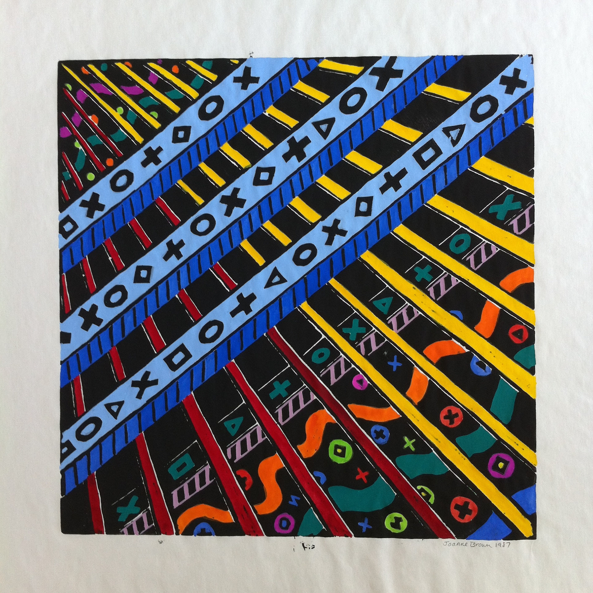 Outer Space Bars, Hand Painted Linoleum Print, 1987