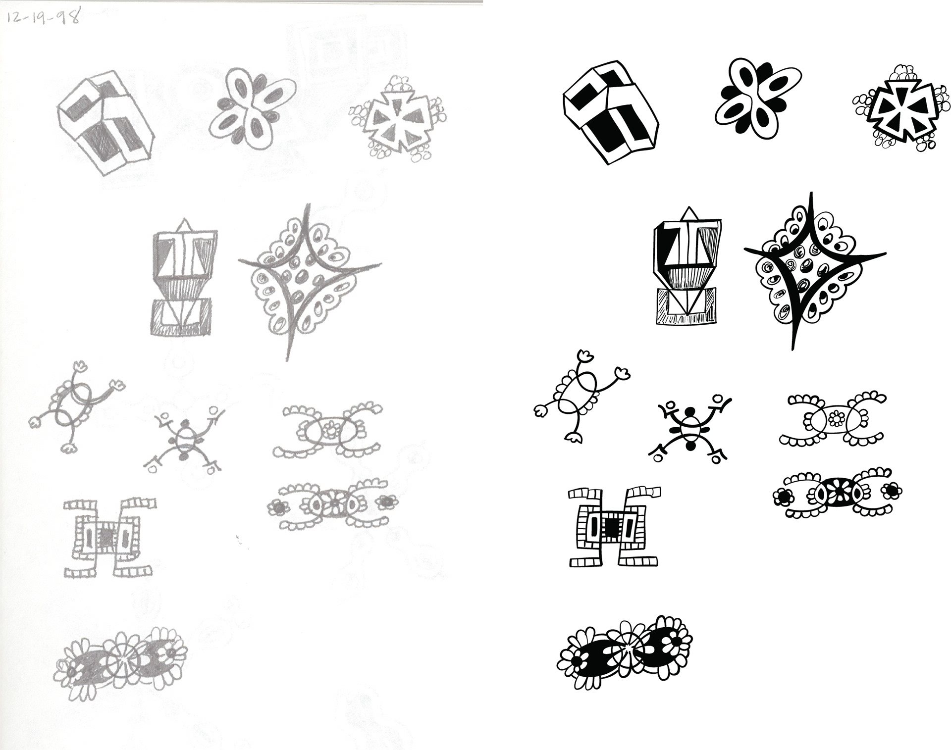 Drawings for Land and Air, Pen and Ink at left (1998) , Vector drawings at right (2008)