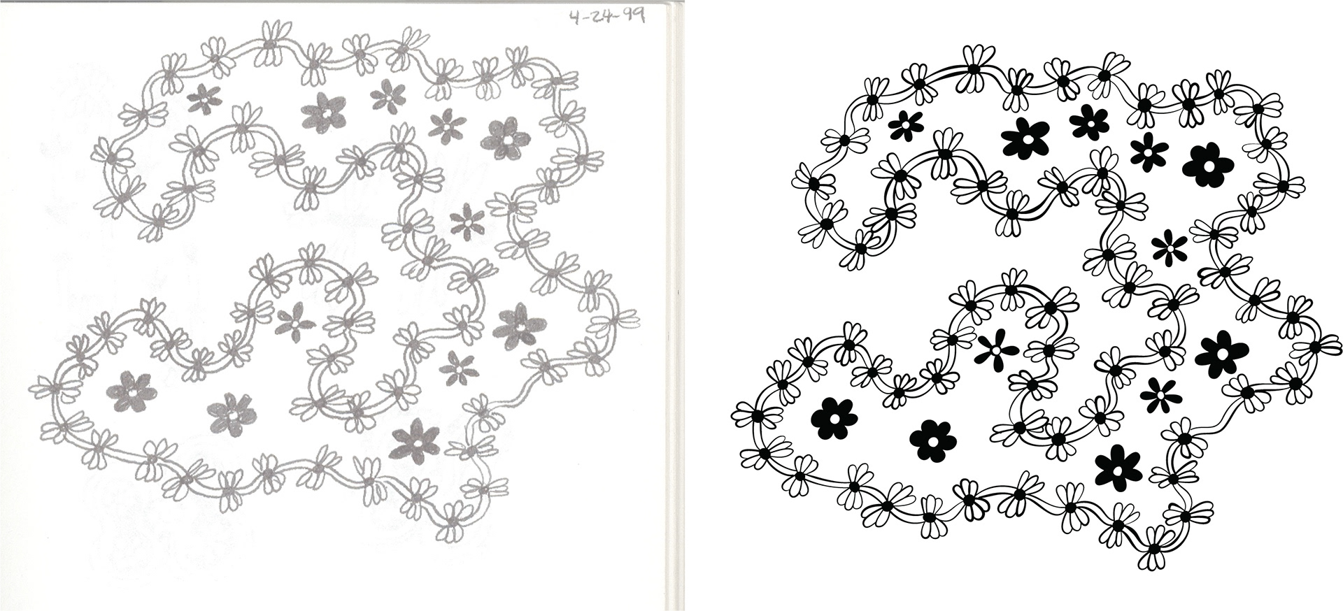 Sketches for Land and Air - Pen and Ink at left (1999), Digital drawing at right (2008)