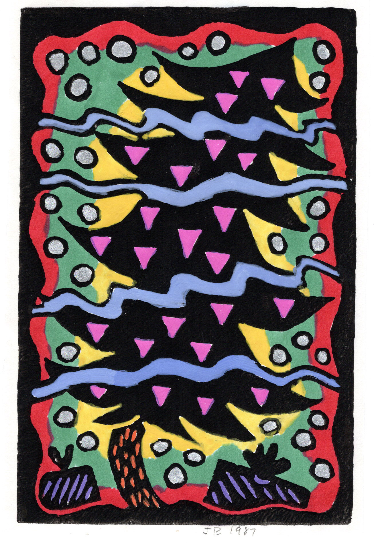 Pink Triangle Christmas Tree, Hand Painted Linoleum Print, 1987
