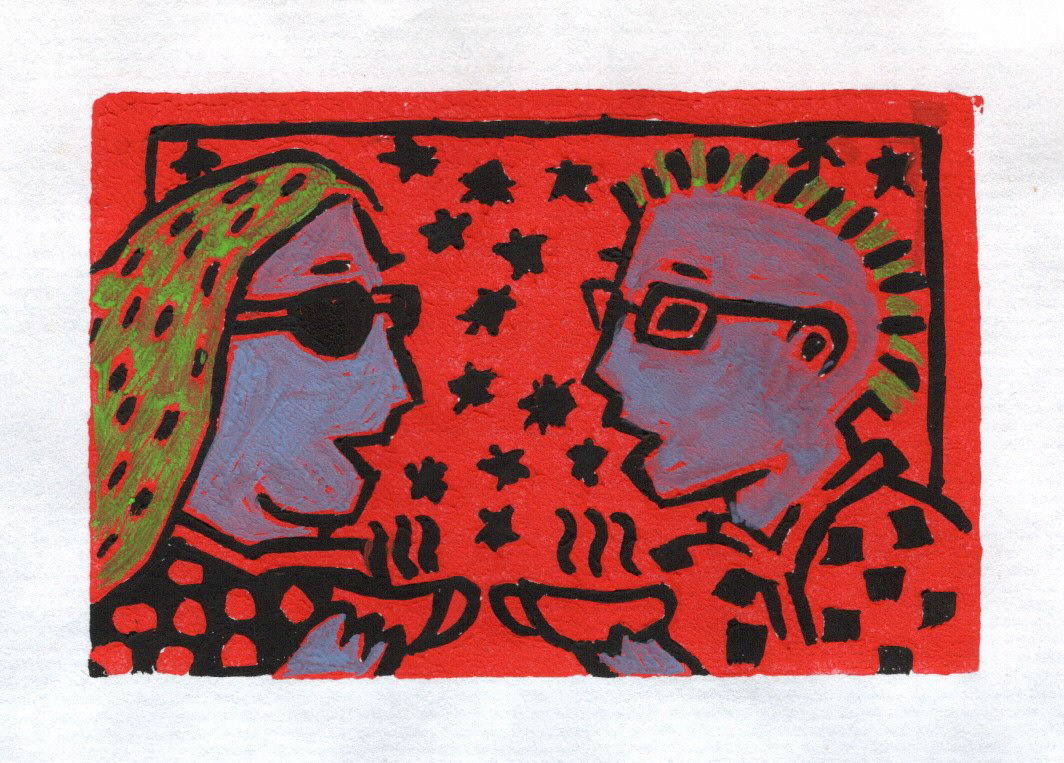 Conversation, Hand Painted Linoleum Print, 1990