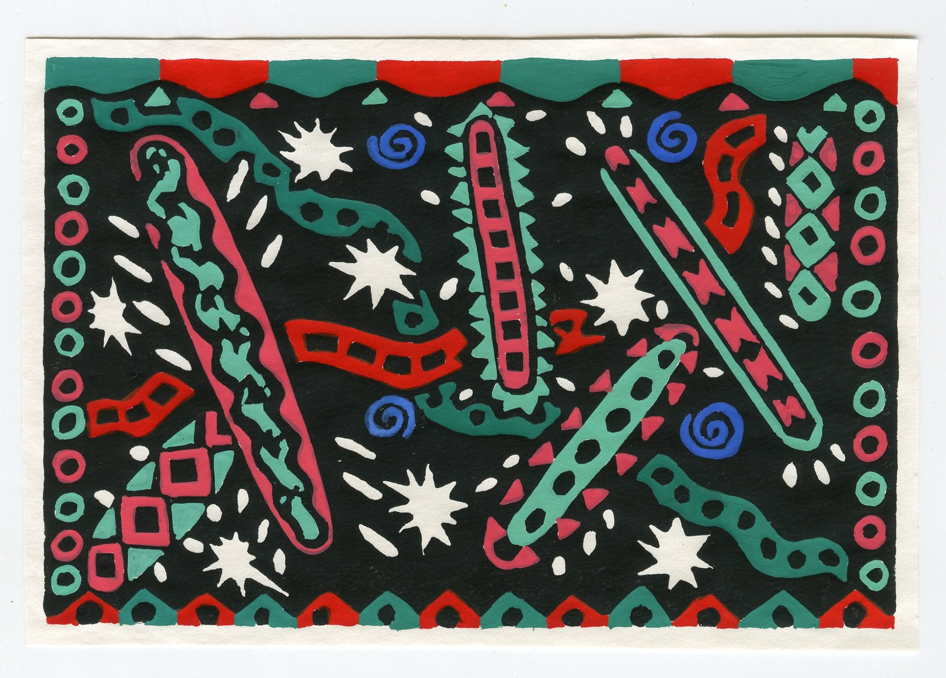 Christmas Night Carnival, Hand-painted Linoleum Print, 1988
