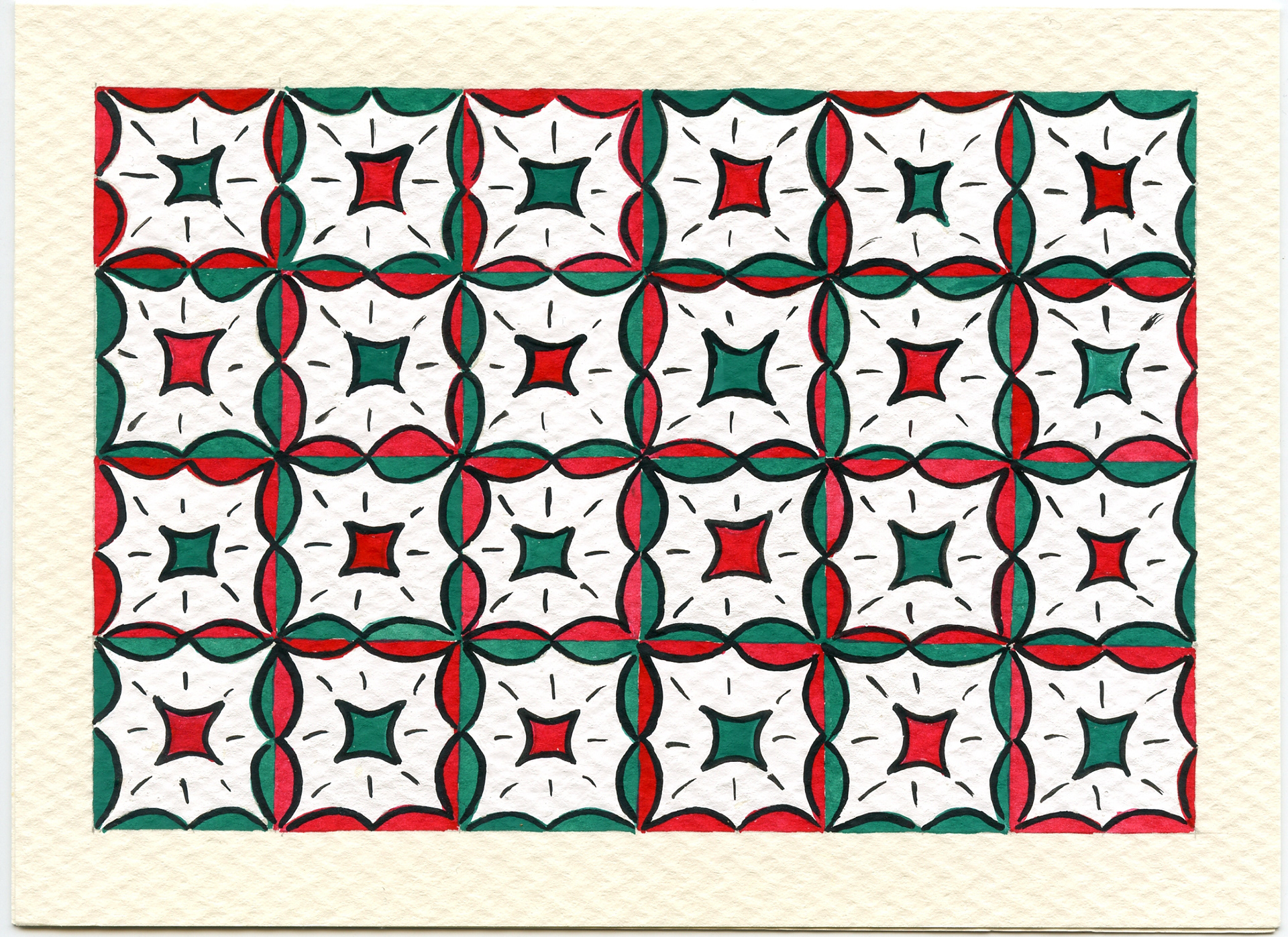 Night Garden Pattern, Hand Painted Christmas Card, Watercolor on Acid Rag Paper, 2000