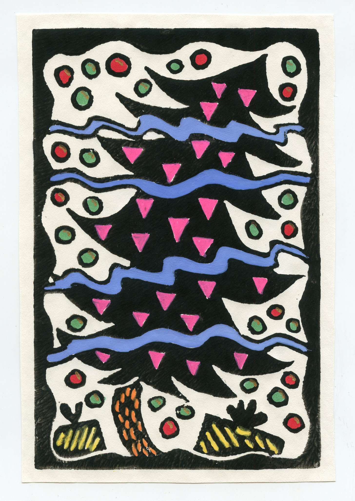 Pink Triangle Christmas Tree Version 1, Handpainted Linoleum Print, 1987
