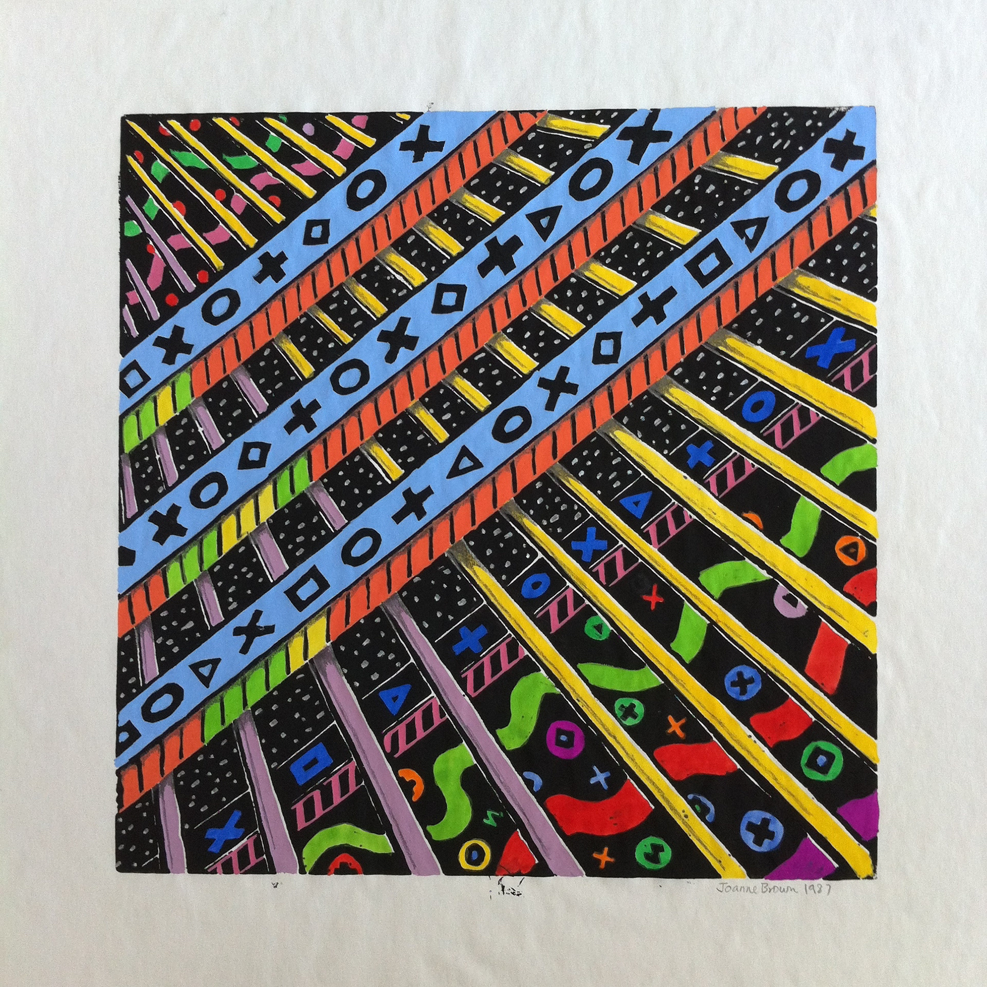 Outer Space Bars, Hand Painted Linoleum Print, 1987