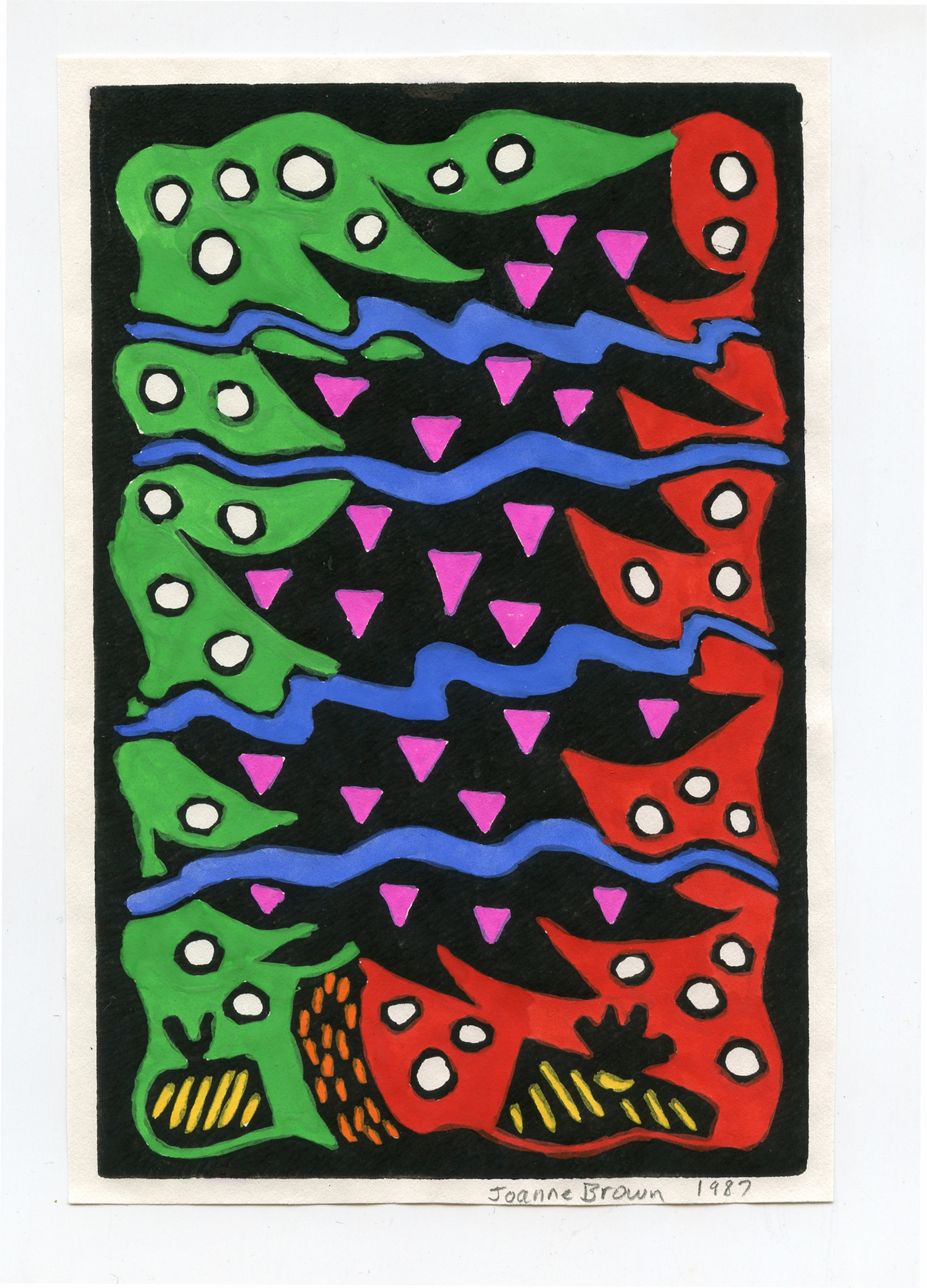 Pink Triangle Christmas Tree Version 2, Handpainted Linoleum Print, 1987
