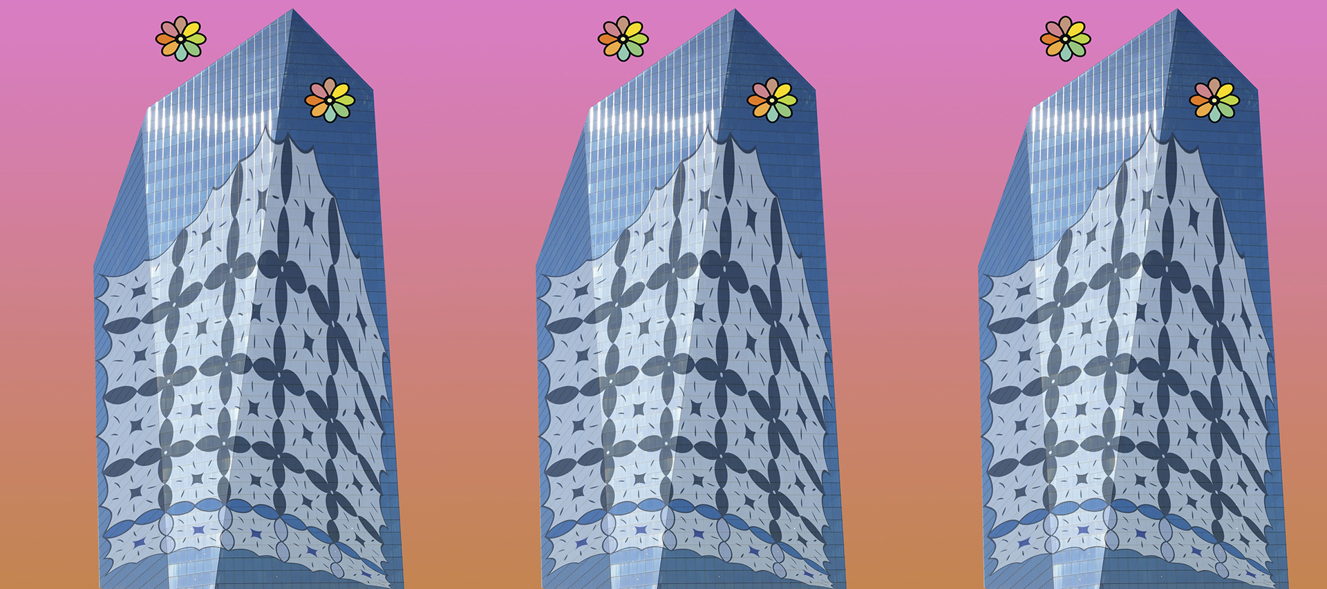Office Tower Afghan, Photo Composite with Night Garden Pattern, version 2, 2007
