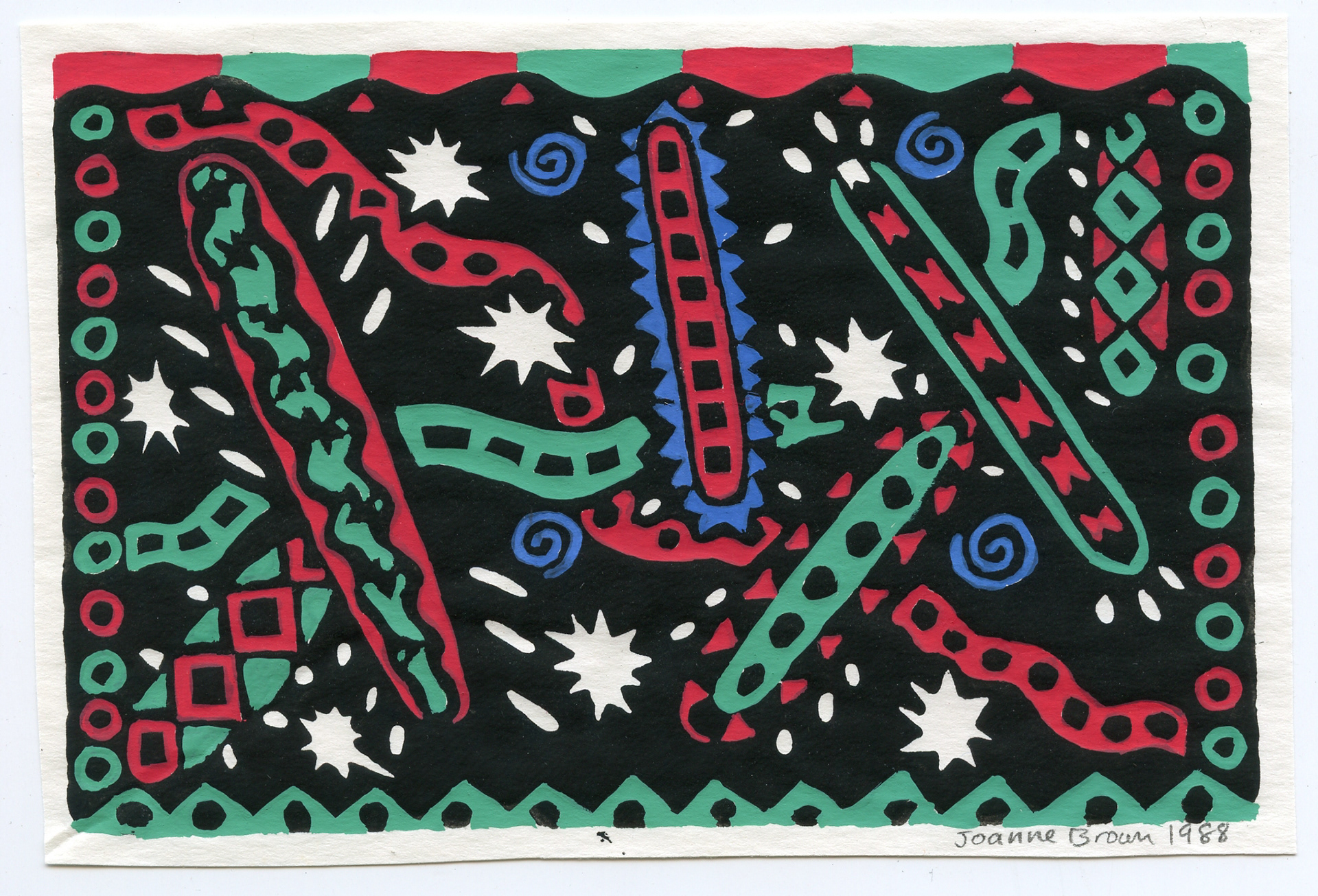 Christmas Carnival, Hand-painted Linoleum Print, 1988