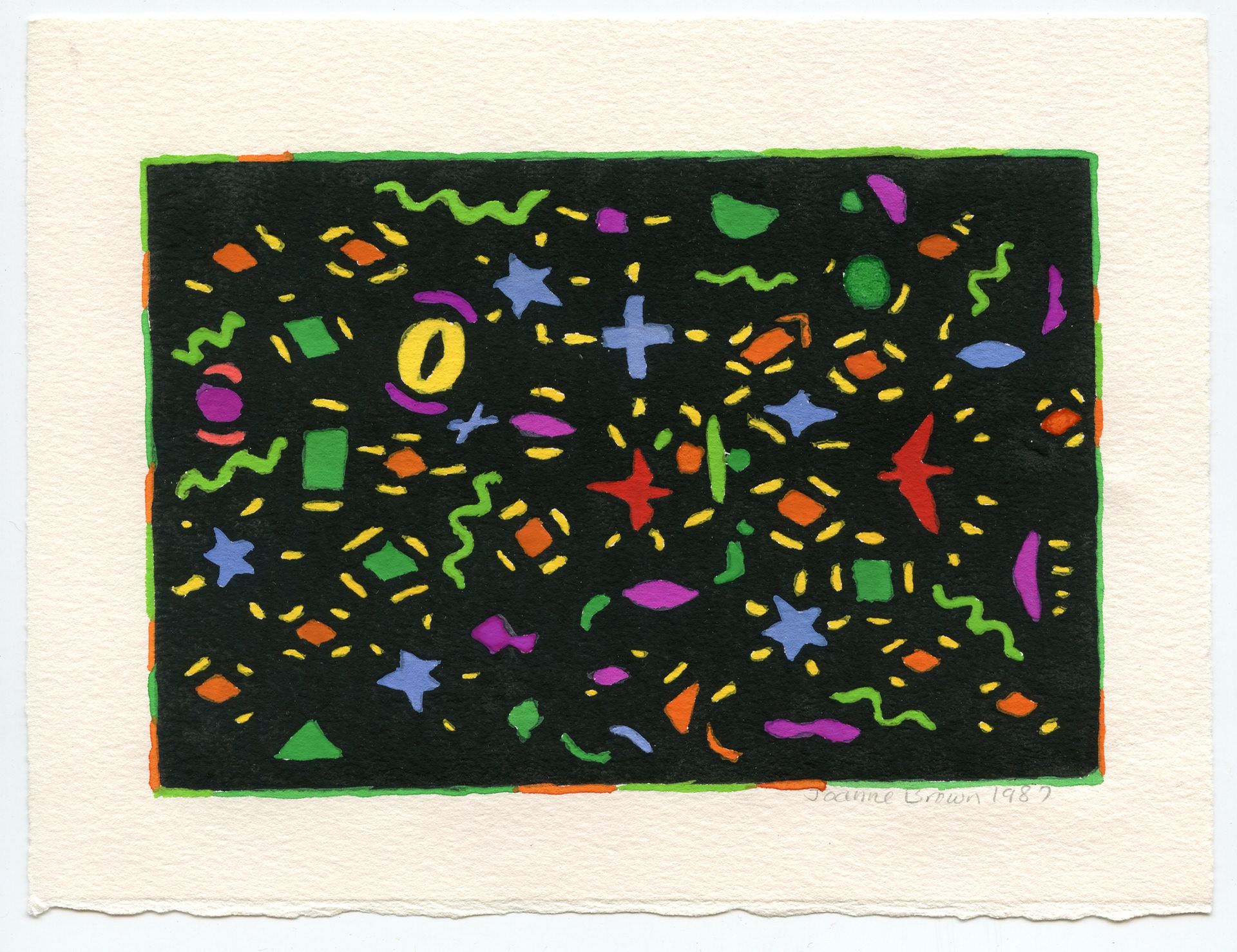 Christmas Star Birds, Hand-Painted Linoleum Print, Version 1, 1987