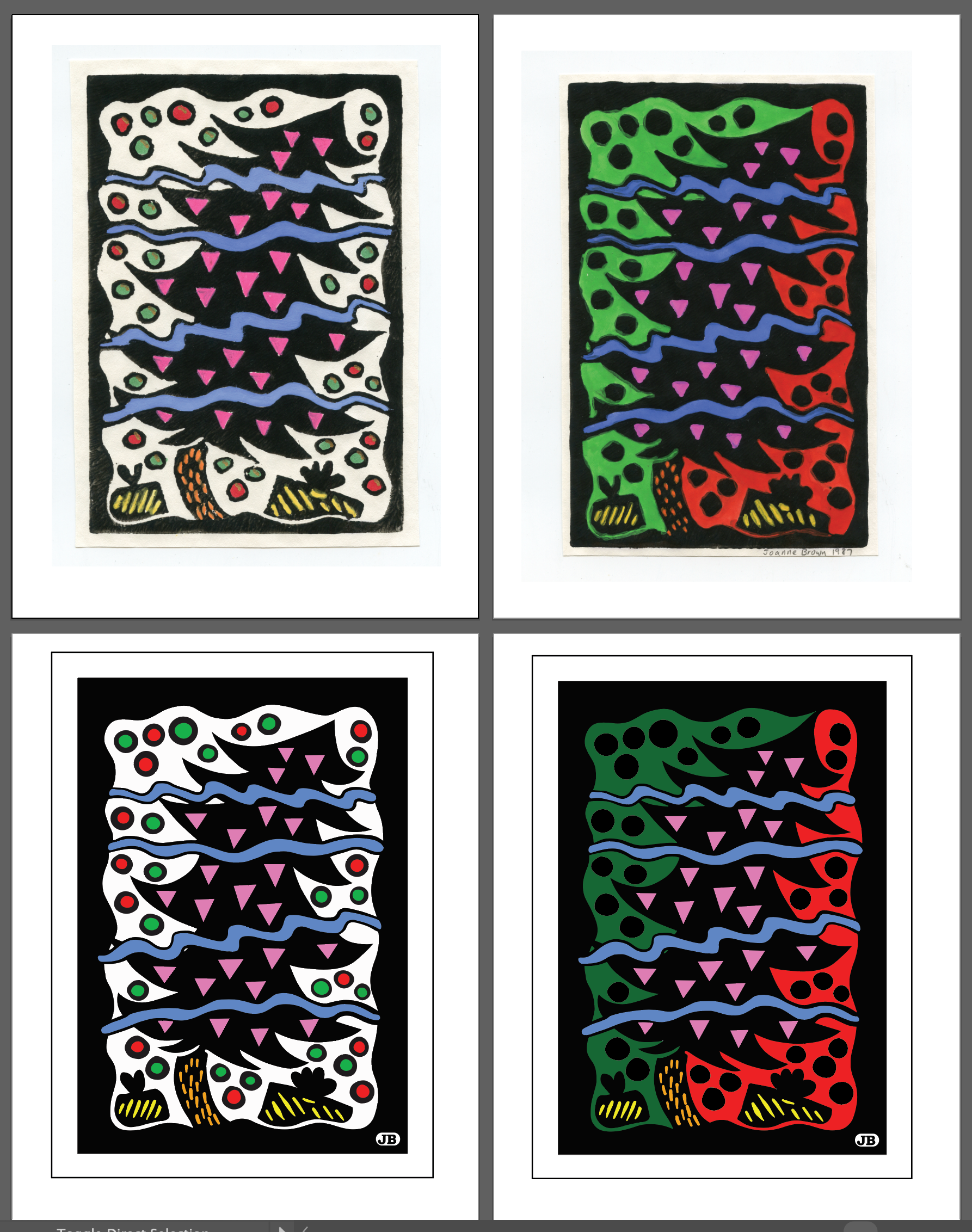 Pink Triangles Tree, original handprinted linoleum prints at top, digital versions at bottom