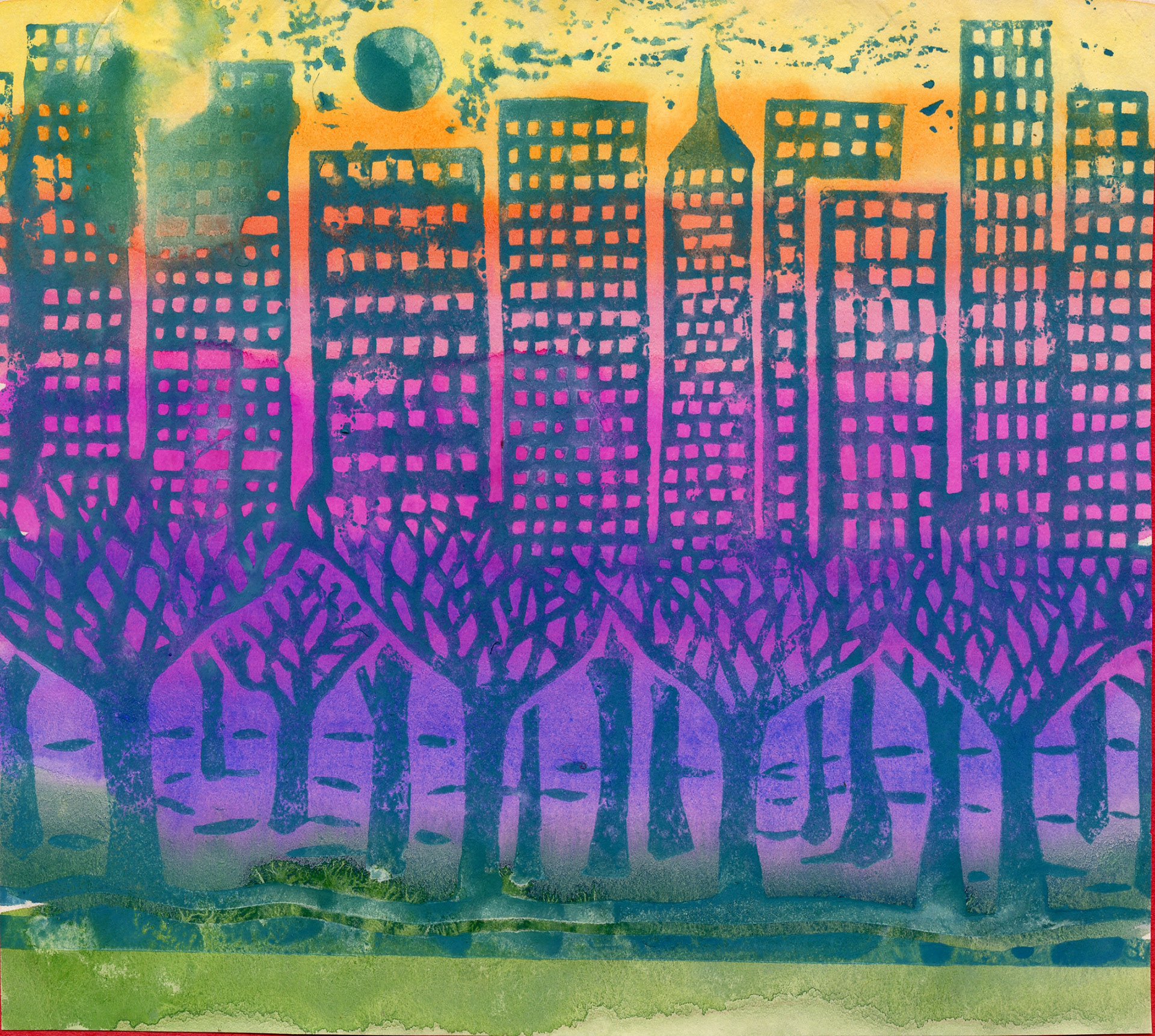 Treescape, Linoleum Print over Watercolor Painting, 1979