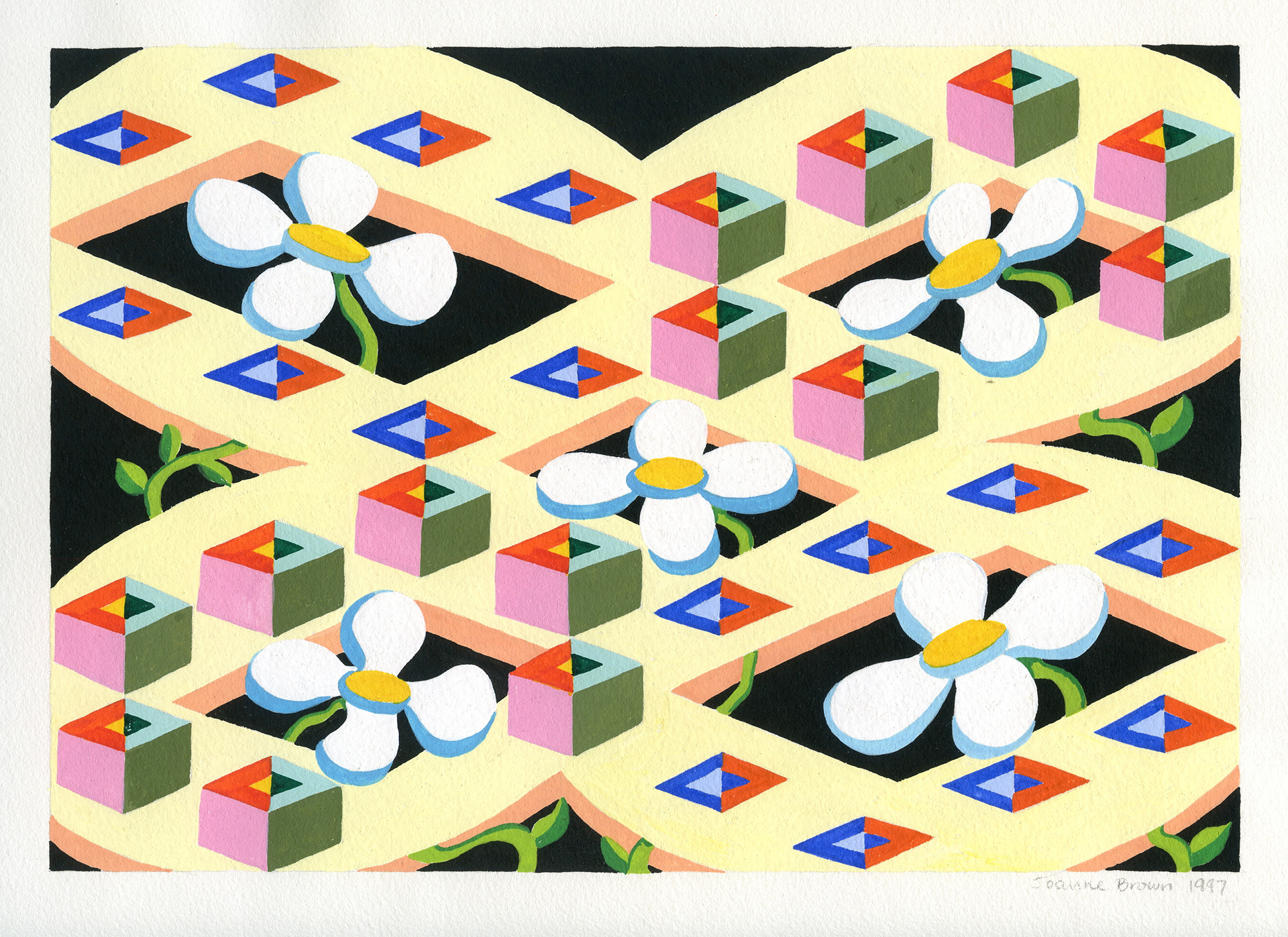 Flower Plaza, Watercolor on Paper, 10" x 7", 1997