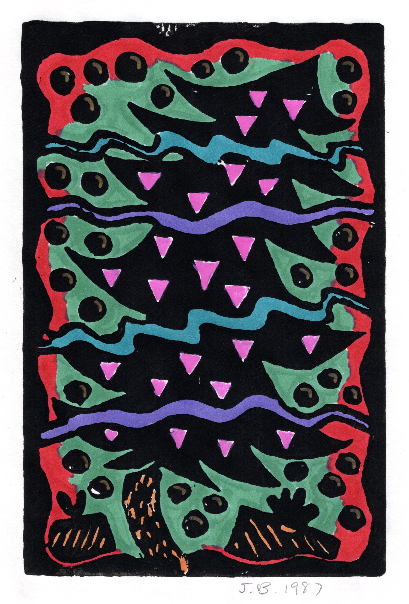Pink Triangle Christmas Tree, Hand Painted Linoleum Print, 1987