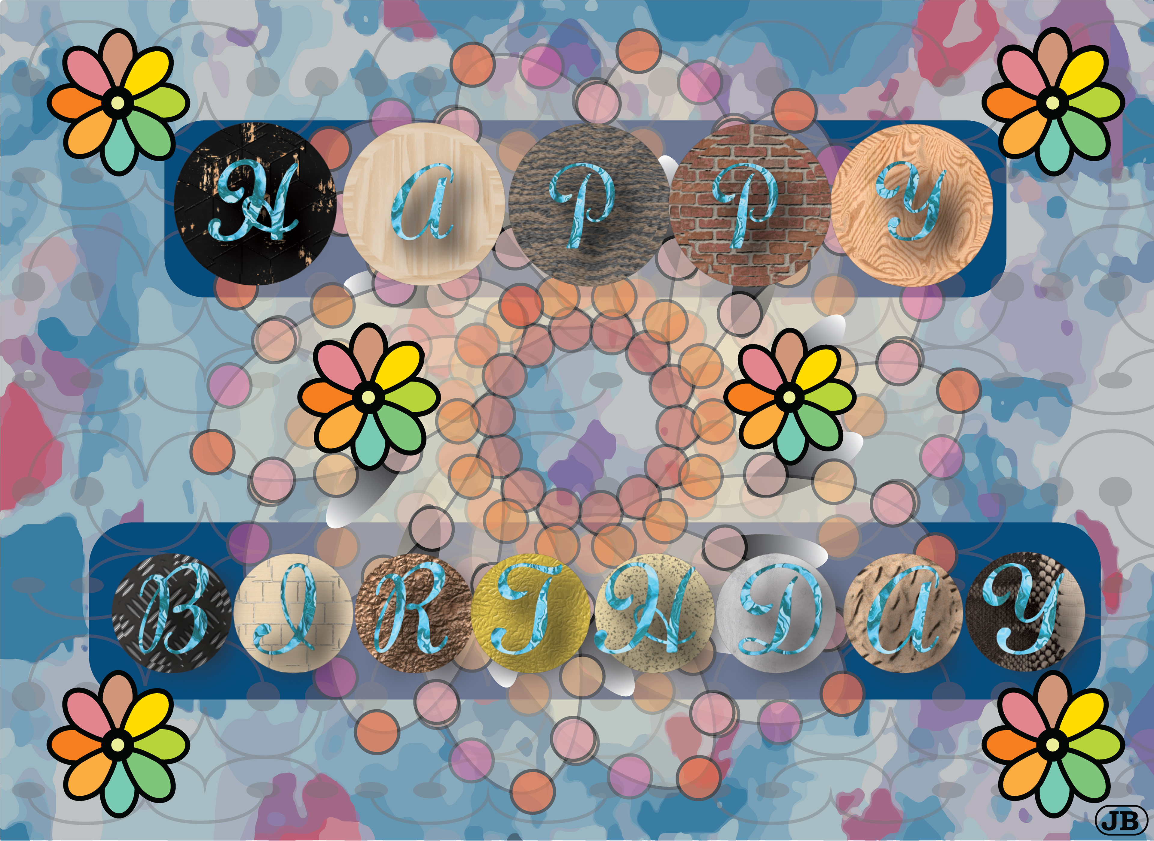 Flower Wheel of Happiness Happy Birthday Card, Digital Art, 2022