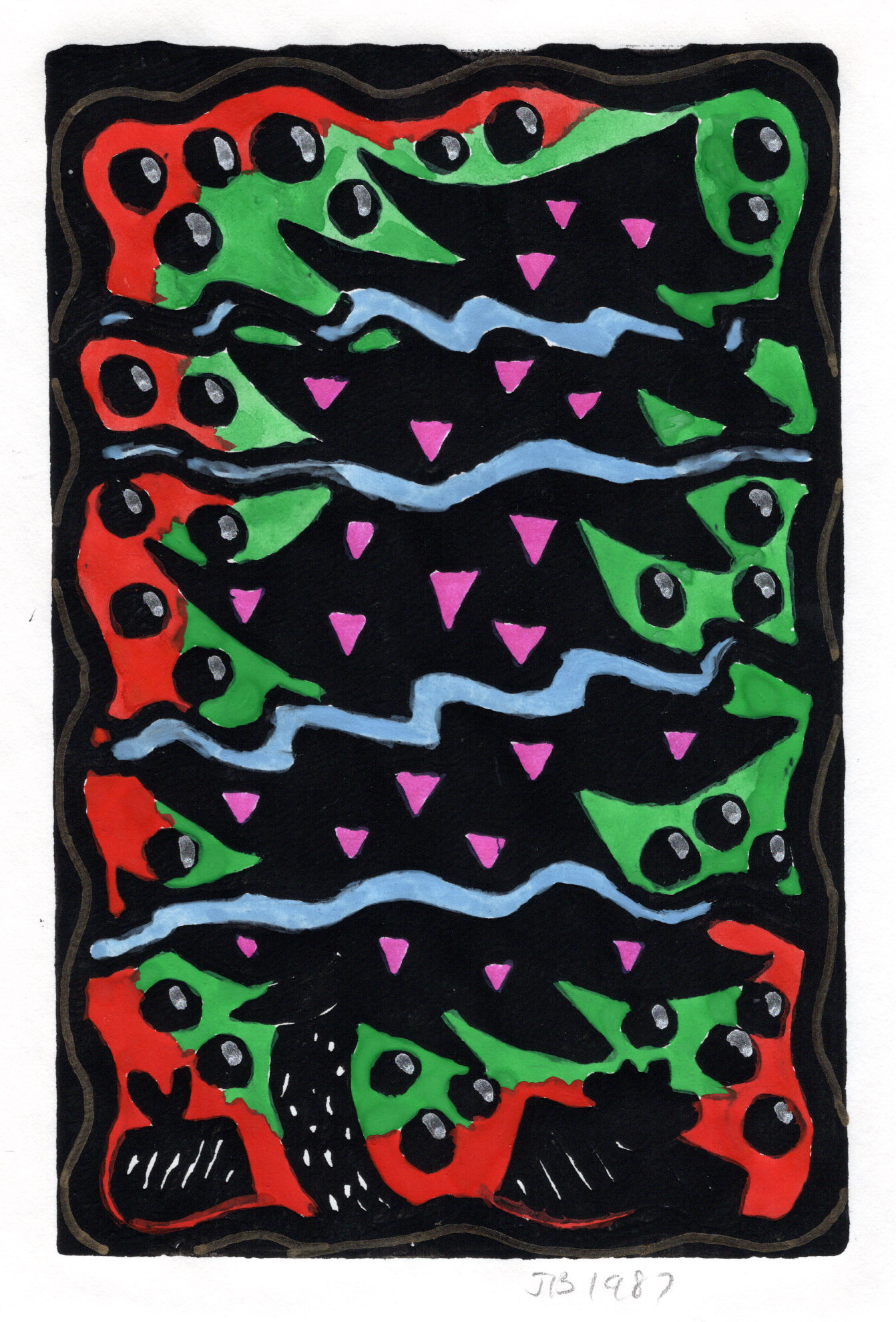 Pink Triangle Christmas Tree, Hand Painted Linoleum Print, 1987