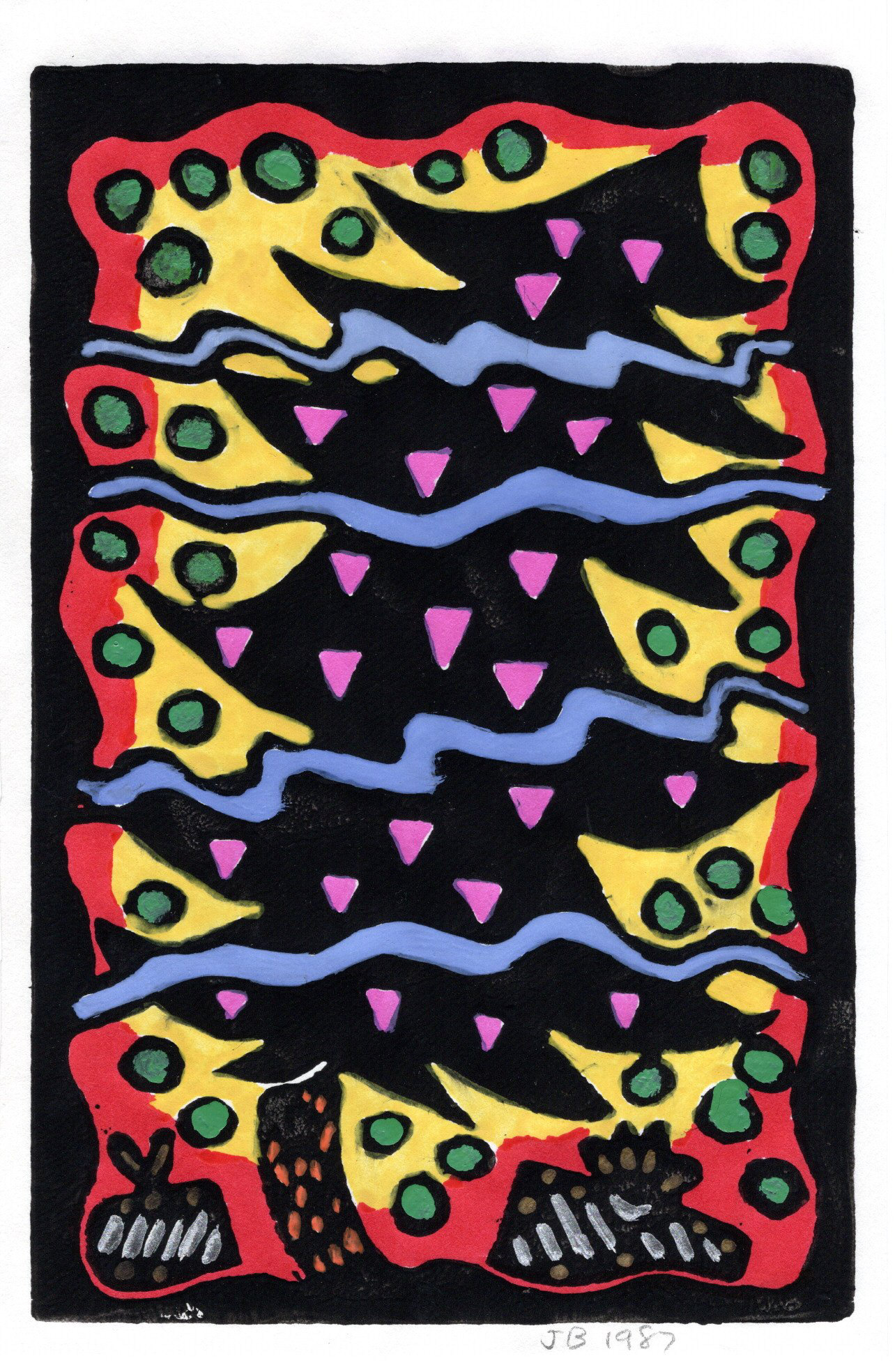 Pink Triangle Christmas Tree, Hand Painted Linoleum Print, 1987