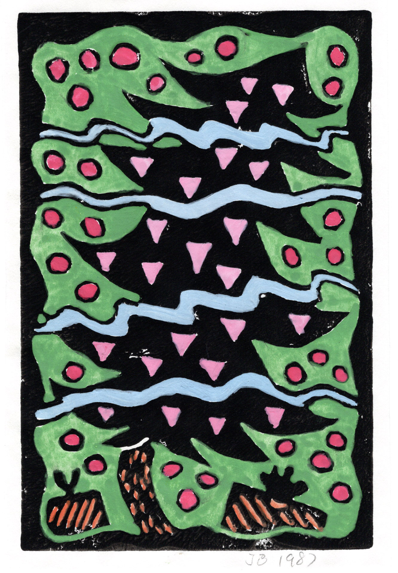Pink Triangle Christmas Tree, Hand Painted Linoleum Print, 1987