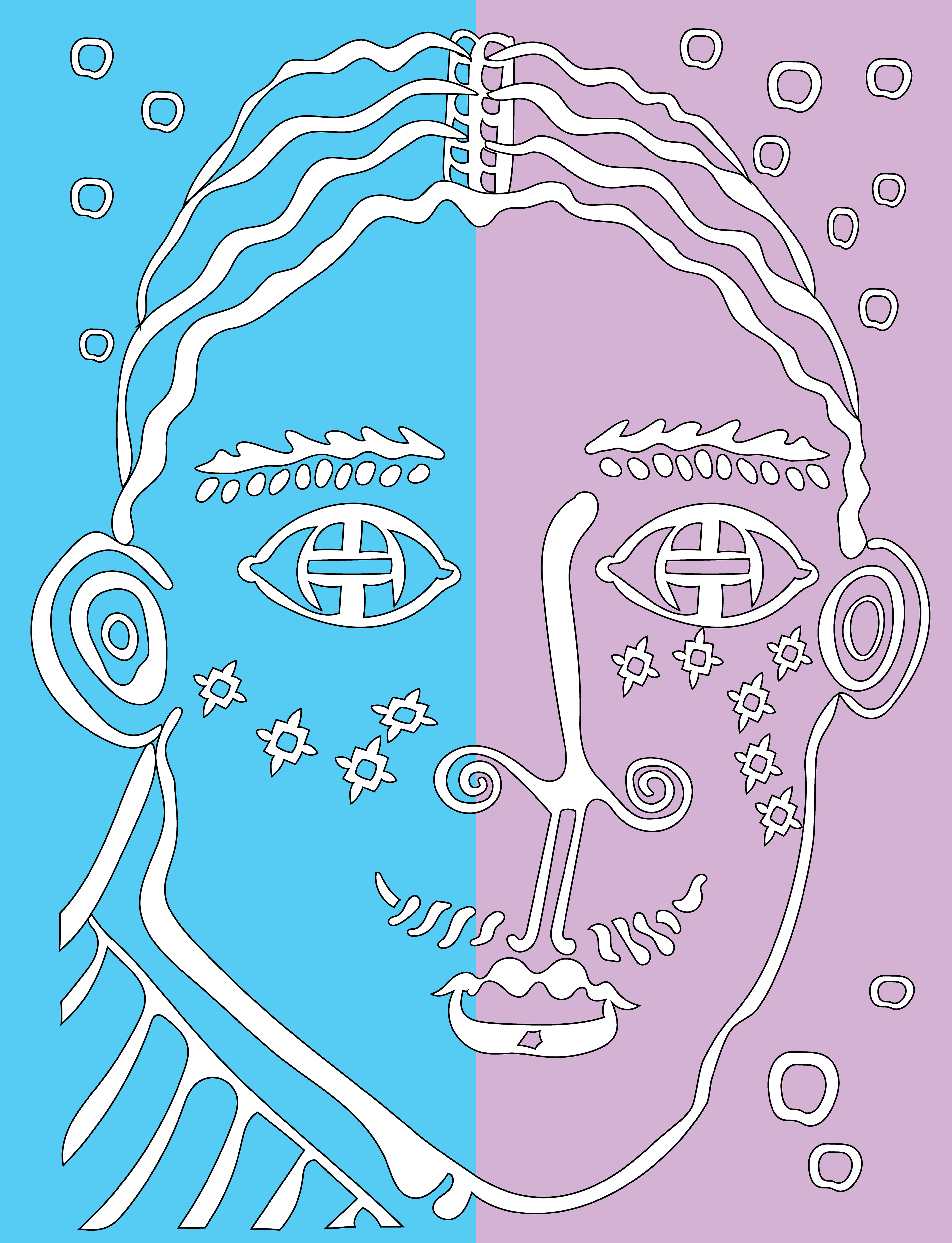 Androgynous Face, Digital Art, Light Blue and Pink, 1979
