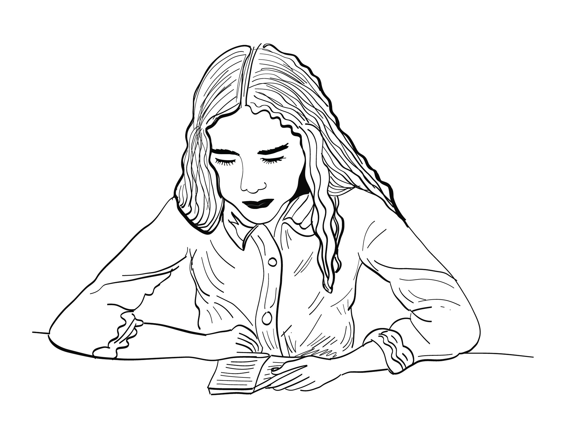 Reading, 2021 digital trace of 1978 pencil drawing