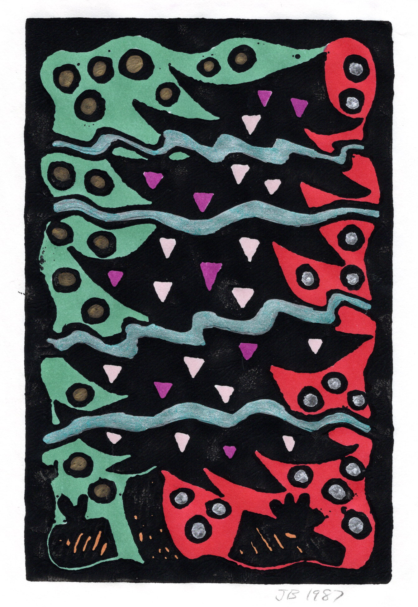 Pink Triangle Christmas Tree, Hand Painted Linoleum Print, 1987