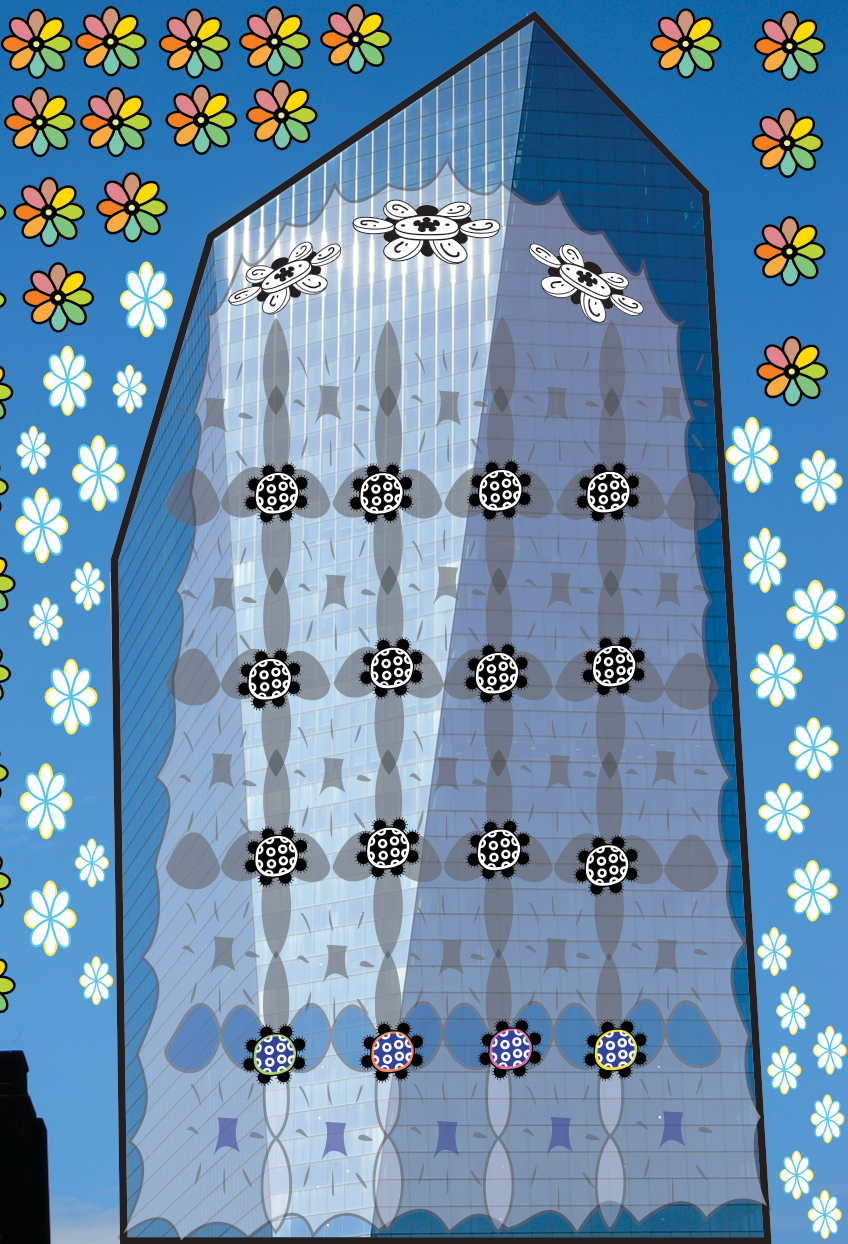 Office Tower Afghan, Photo Composite with Night Garden Pattern, version 1, 2007