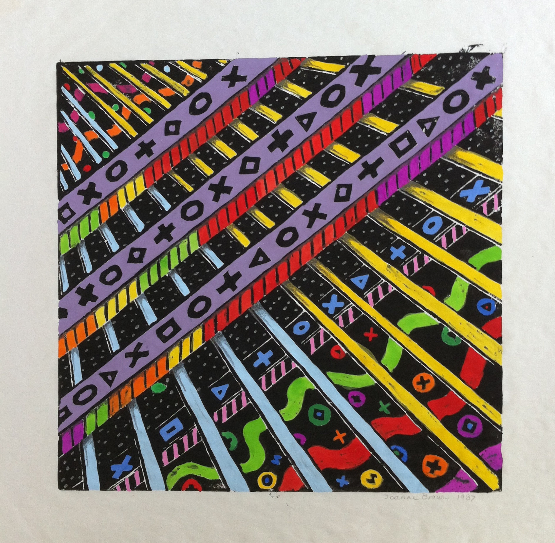 Outer Space Bars, Hand Painted Linoleum Print, 1987