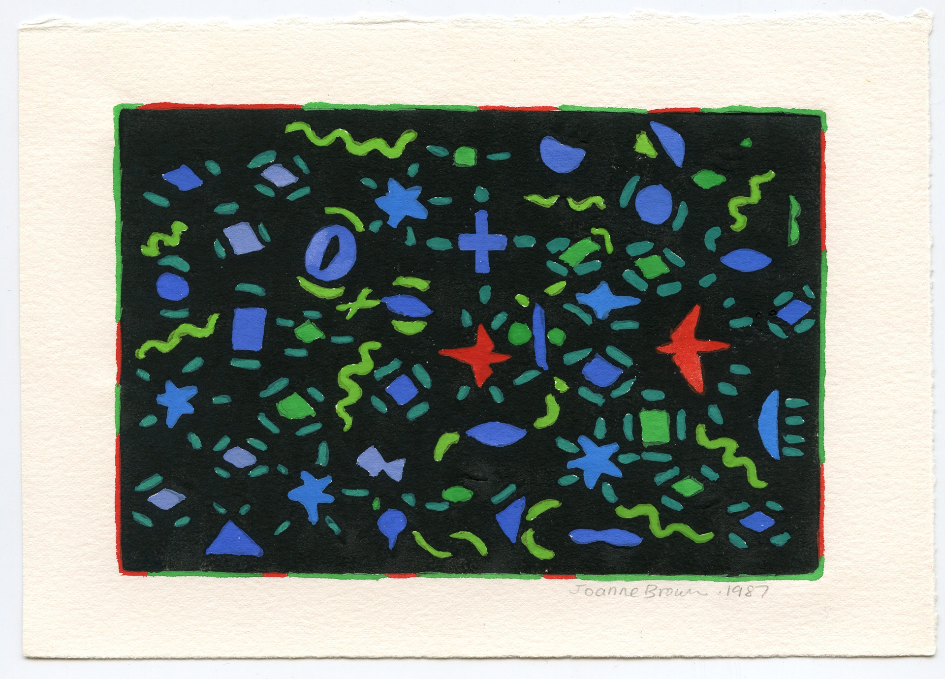 Christmas Star Birds, Hand-Painted Linoleum Print, 1987