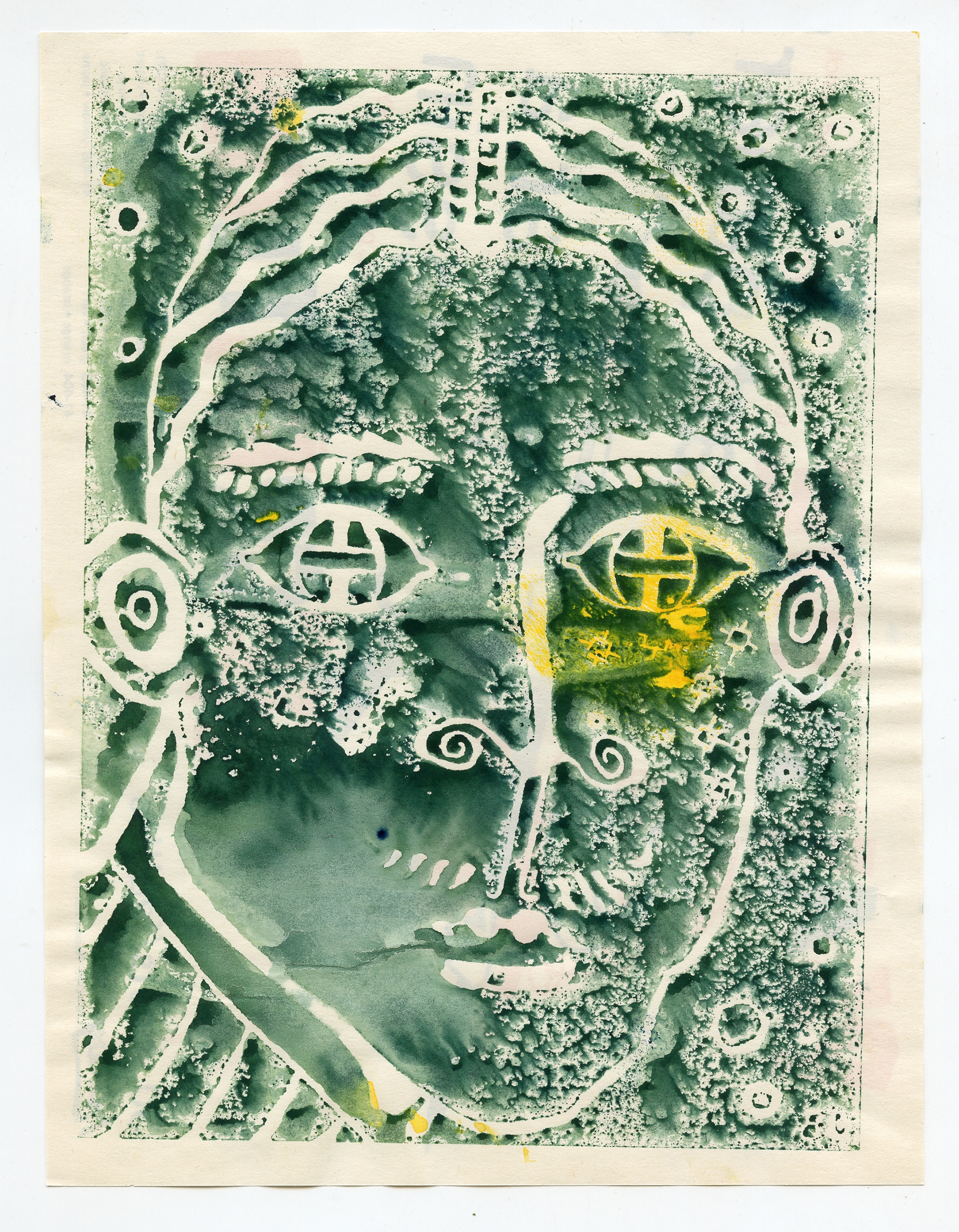 Androgynous Face, Linoleum Print, green, 1979