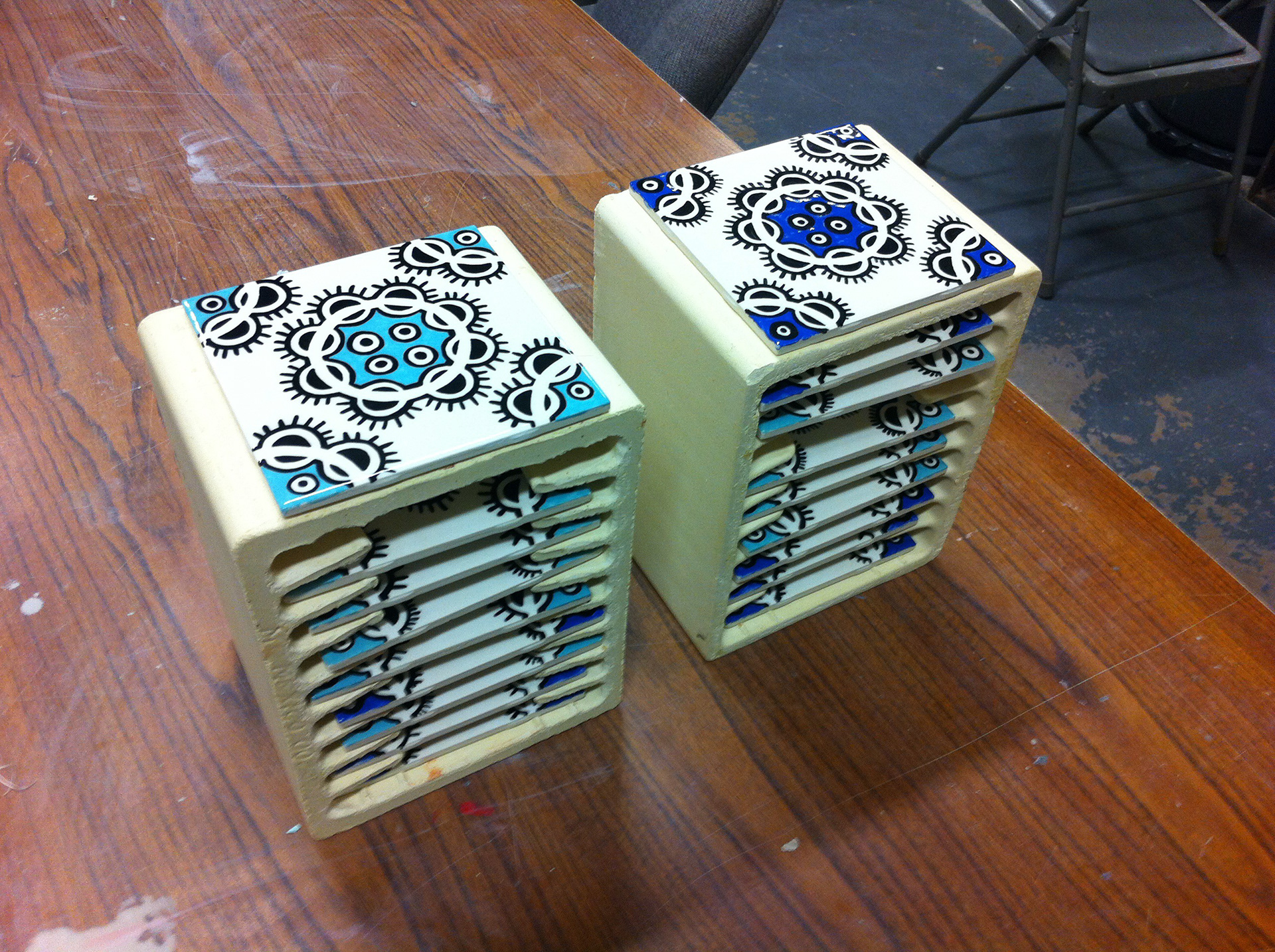 Tiles ready to go into the kiln