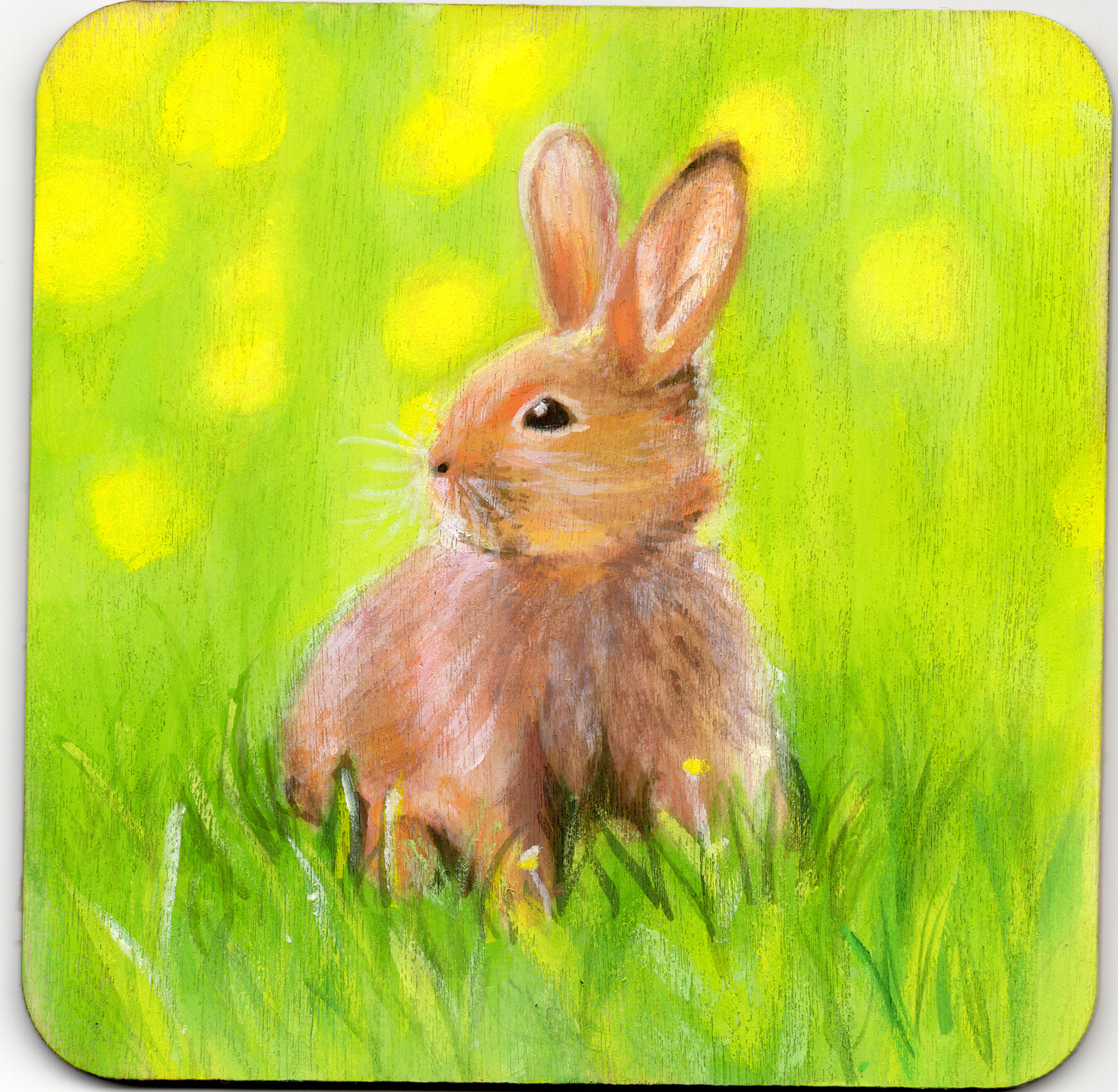 Gouache painting of bunny on wood
