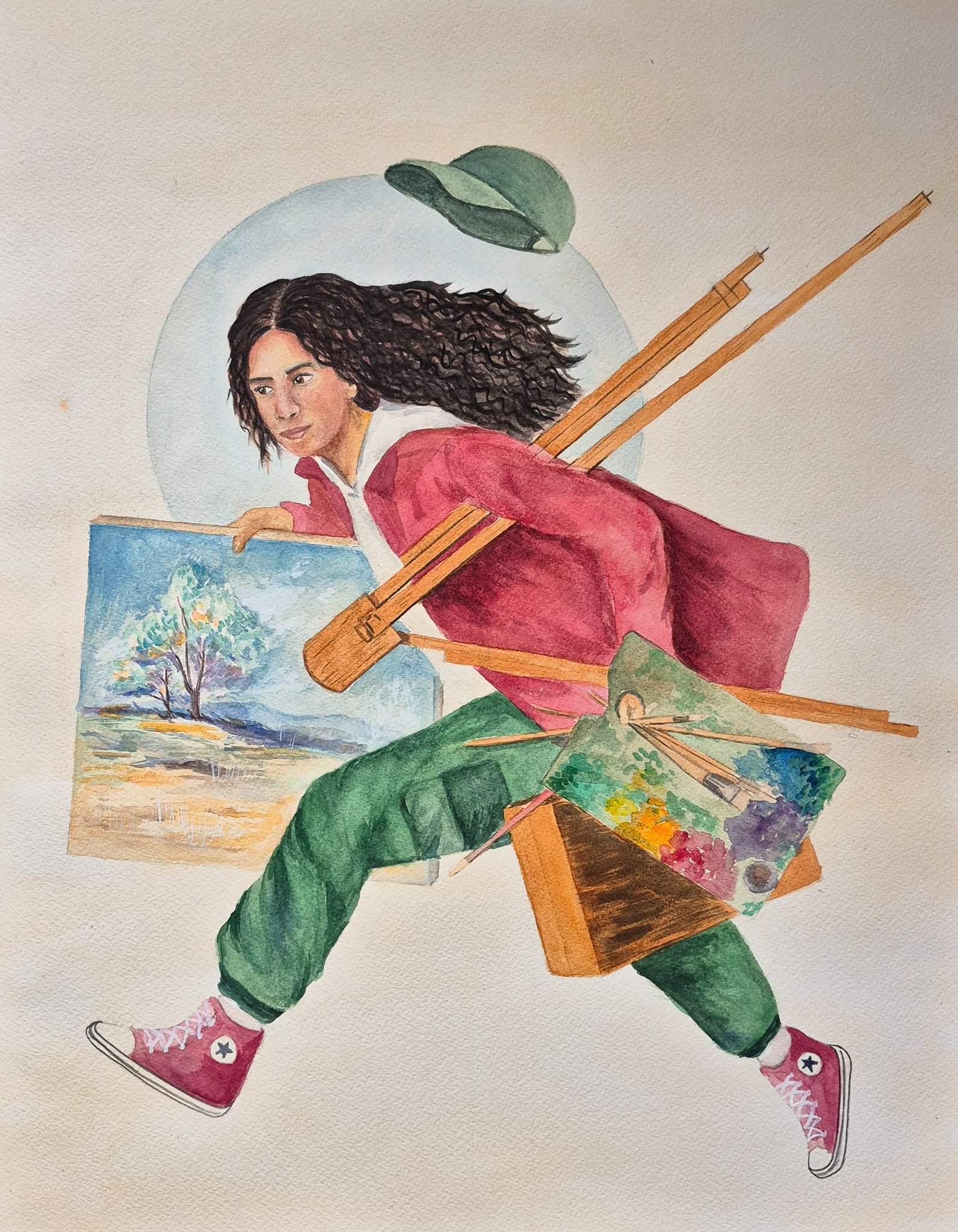 Watercolour self portrait inspired by Norman Rockwell, "Girl Running With Wet Canvas" (1930-1978)