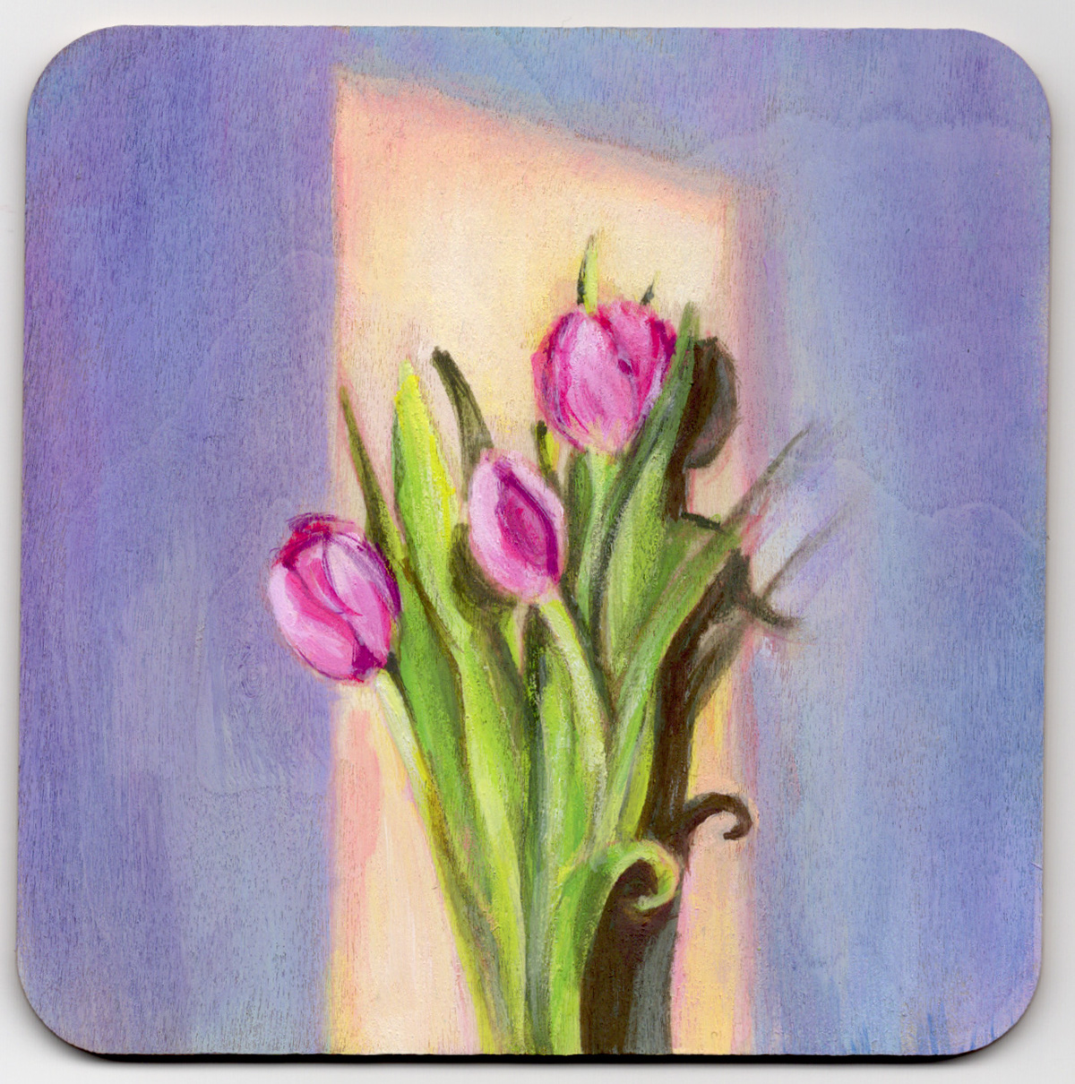 Gouache painting of violets on wood