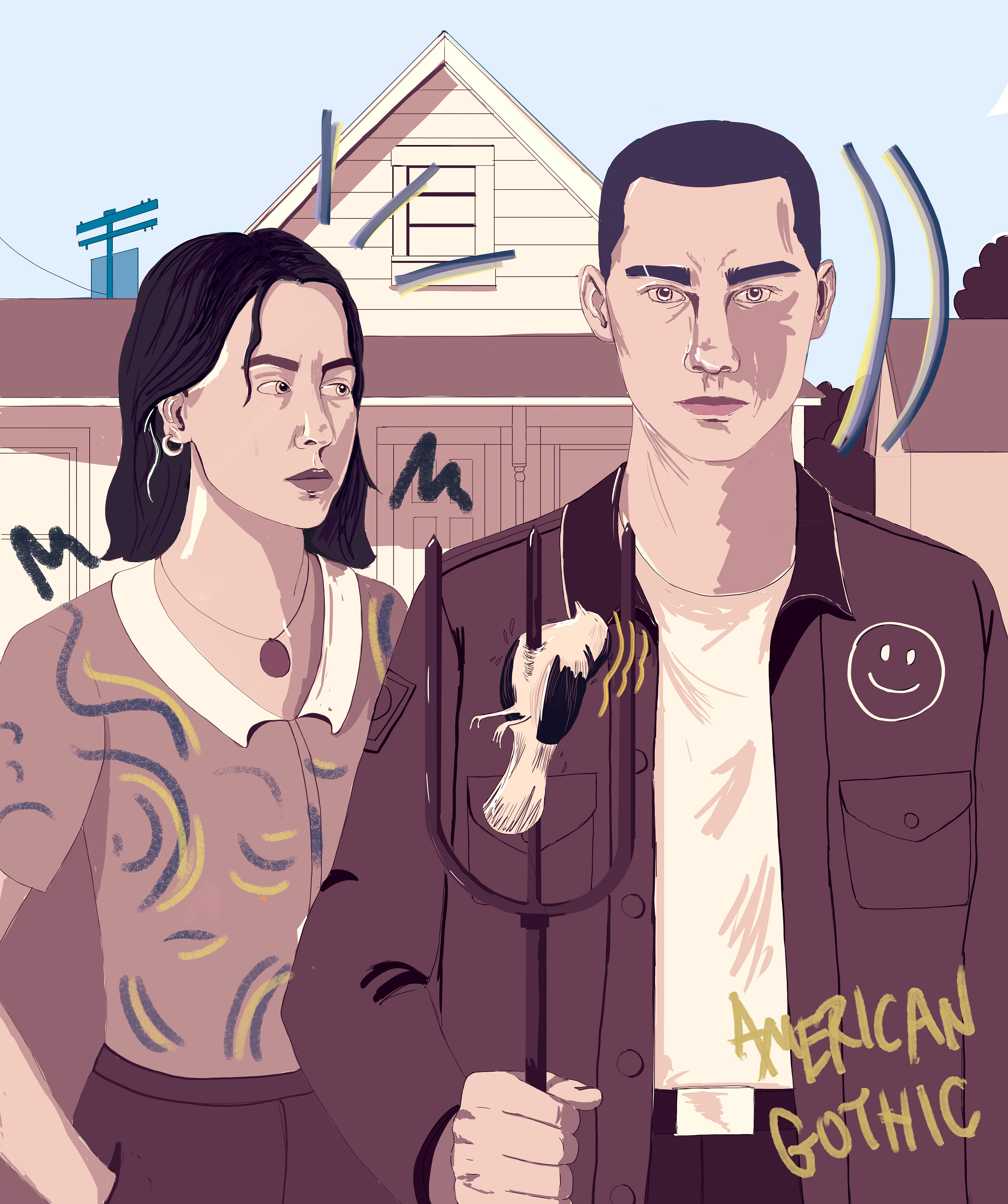 Recreation of "American Gothic" by Grant Wood (1930) in the style of artist Alvaro Escobar-Fuentes