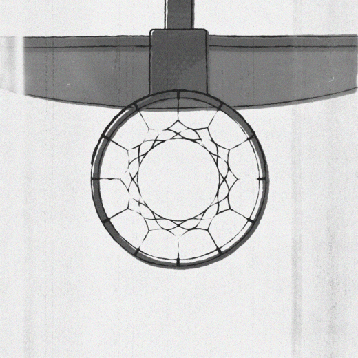 Looping animation of a basketball rim from below, as a basketball swishes through the net.