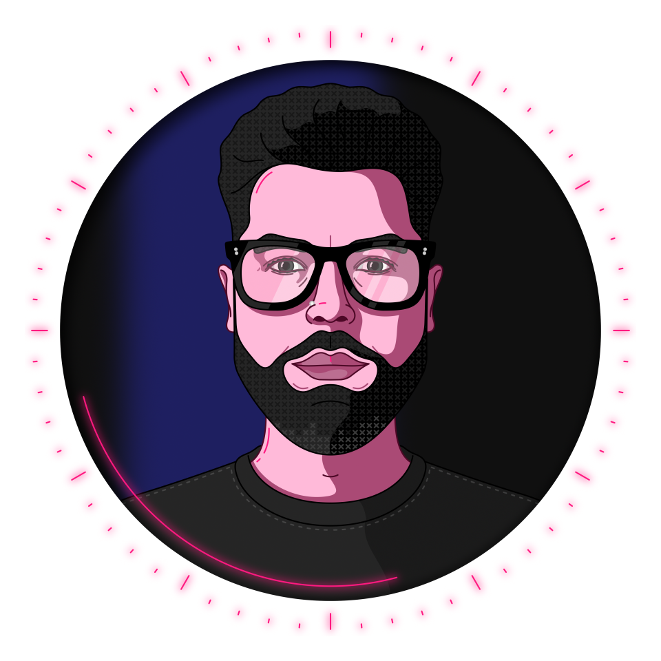 Illustrative profile picture of man with beard and glasses, in a black t-shirt.
