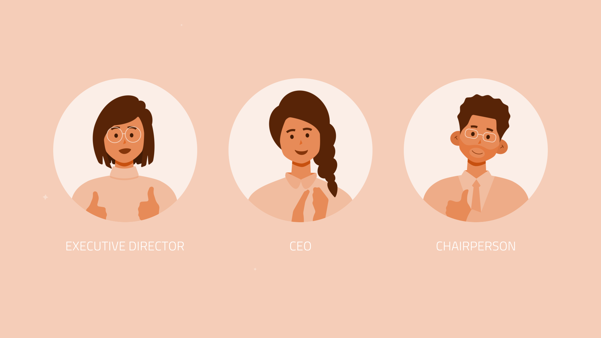Three illustrated figures in round frames: an Executive Director giving two thumbs up, a CEO clapping, and a Chairperson with a single thumbs up.