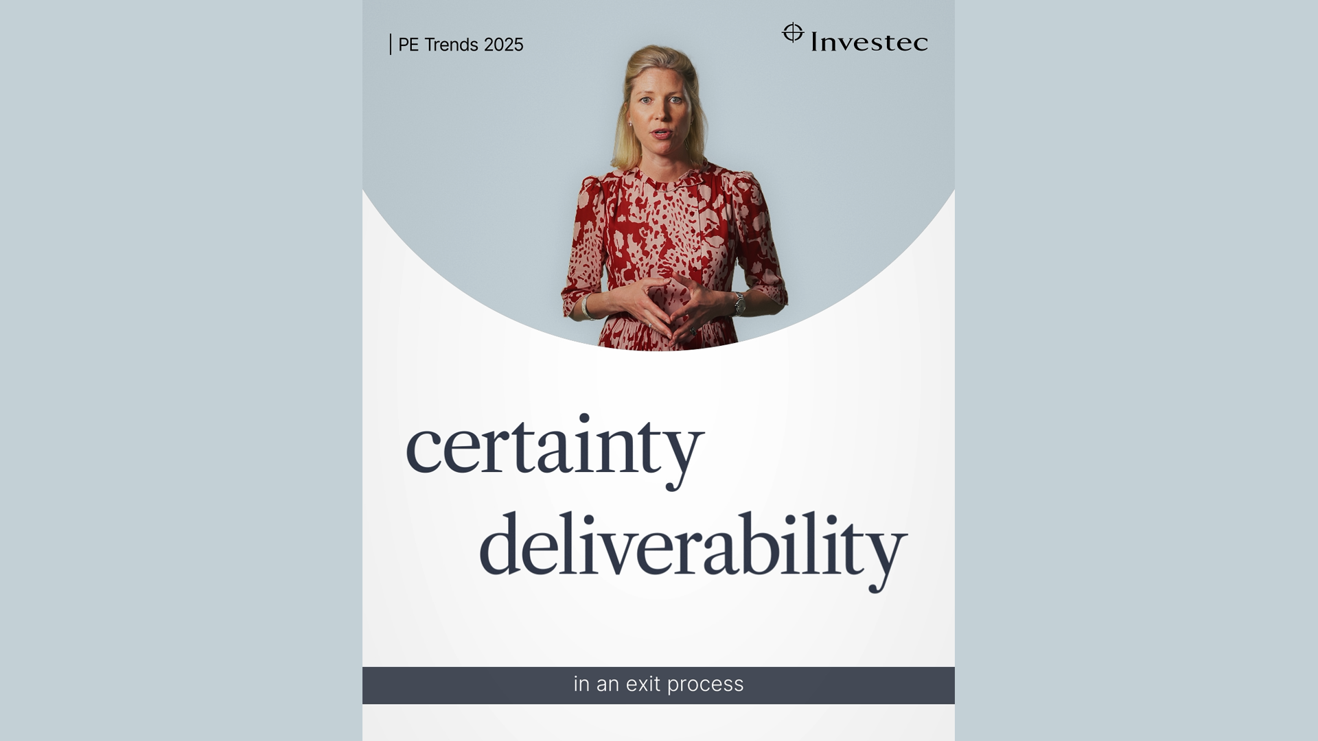A woman in a red patterned dress stands with her hands together, accompanied by the text "certainty”, “deliverability”.