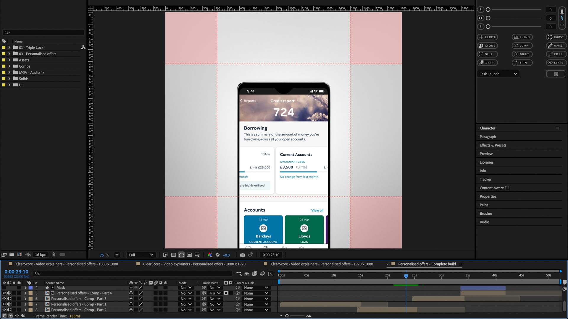 A smartphone displaying a credit report app in an Adobe After Effects timeline, surrounded by editing tools.