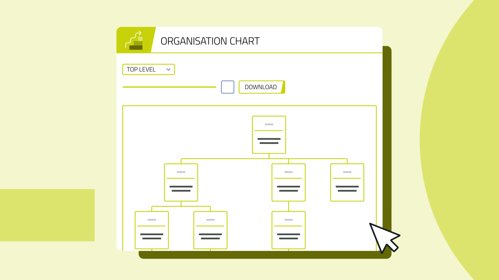 A digital organisation chart UI with a dropdown menu and a download button, displaying a hierarchical structure.