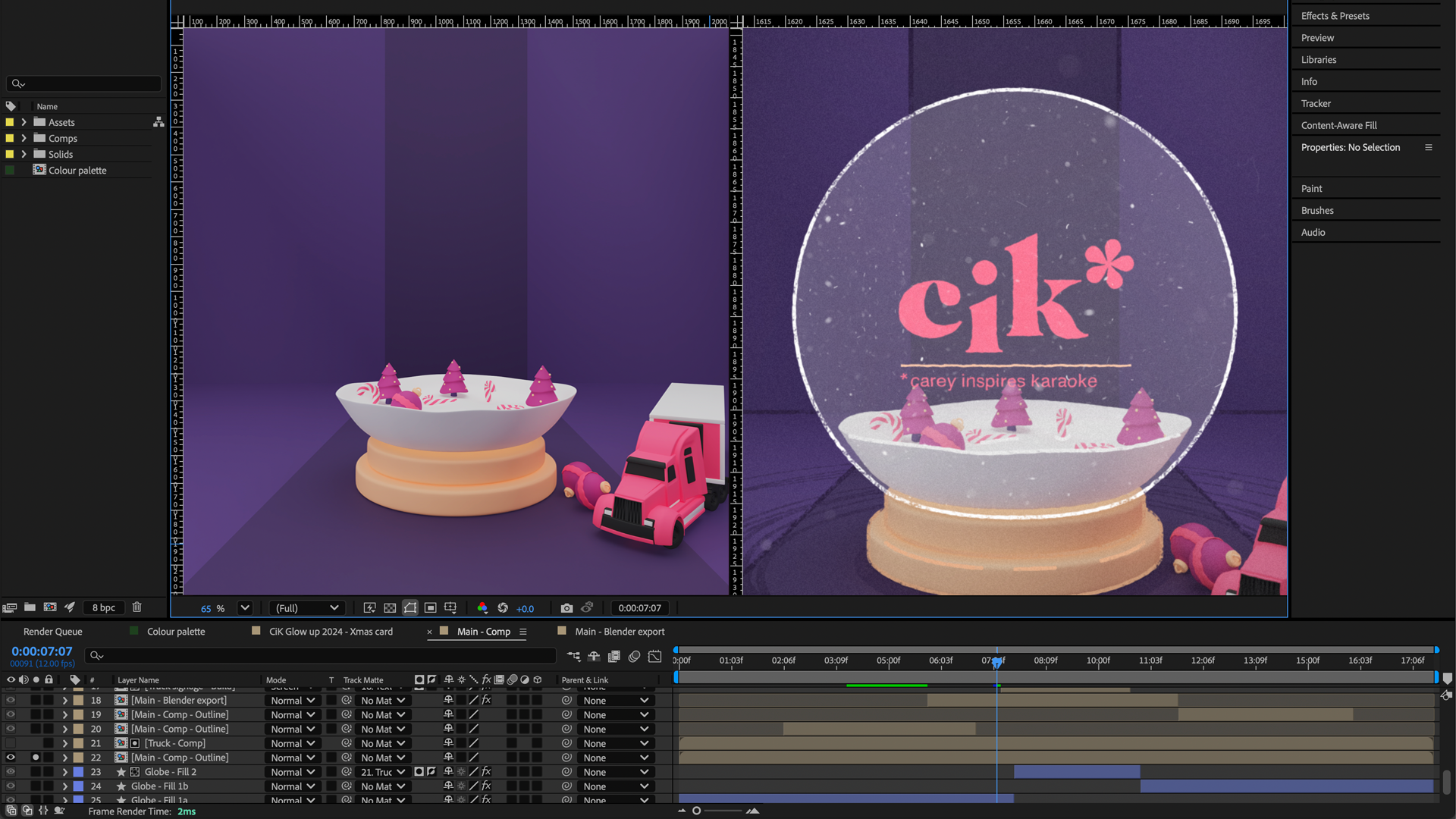 Adobe After Effects UI featuring a vibrant, festive animated scene. A snow globe with a pink "cik" logo, and miniature trees on a purple backdrop.