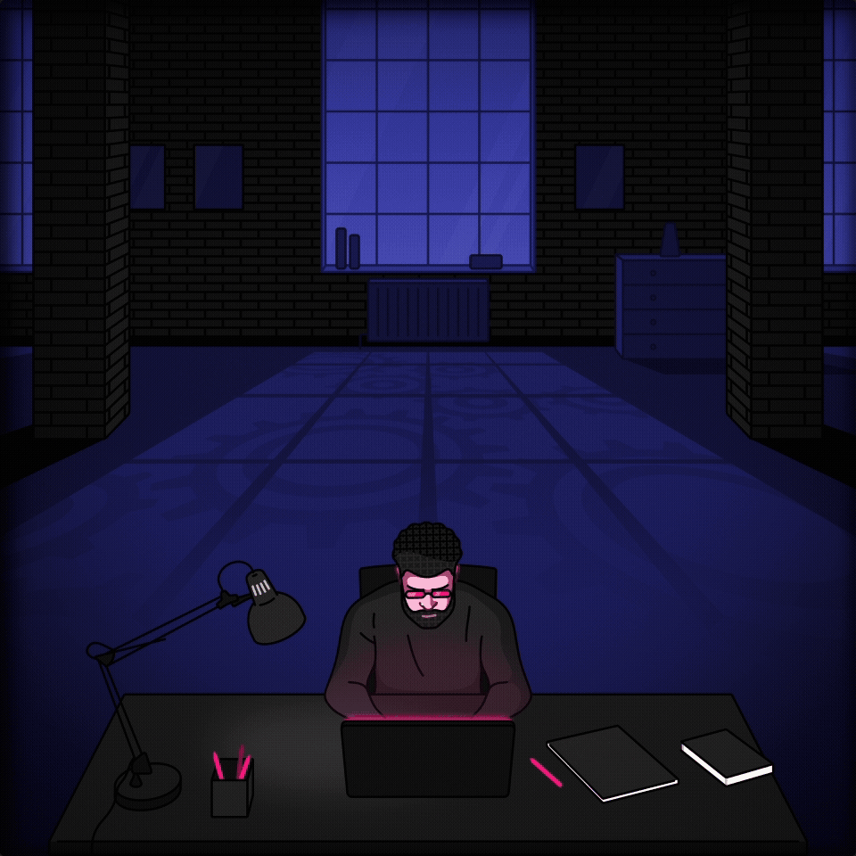 Illustration of man working on a laptop in a darkened room with a large window as the backdrop, and shadows of cogs turning fill the floor.